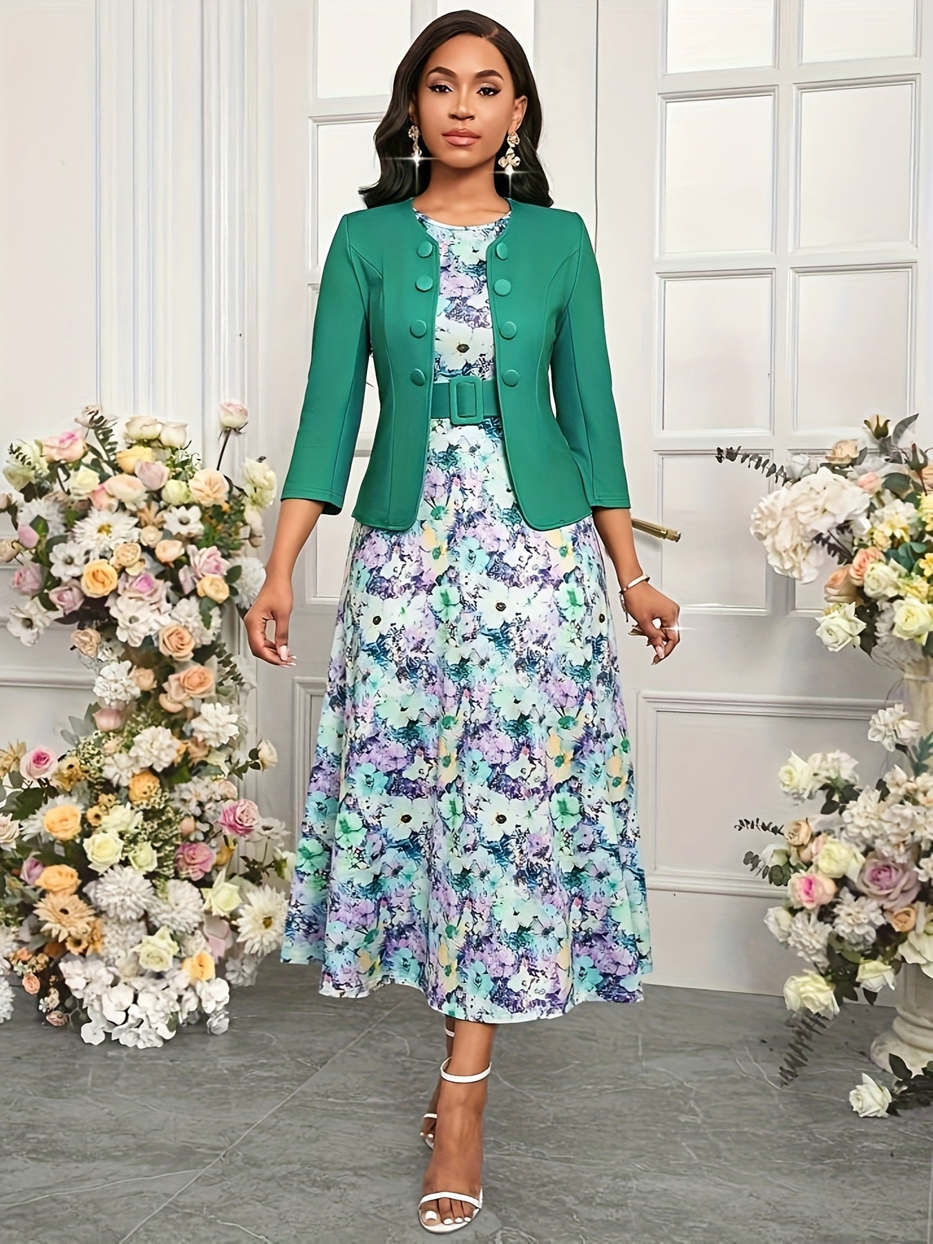 YY0511281 European and American Spring Autumn Elegant Style Button-Open Front 7/8 Sleeve Jacket Black Yellow Print Round Neck Sleeveless A-Line Belted Dress Two-Piece Set