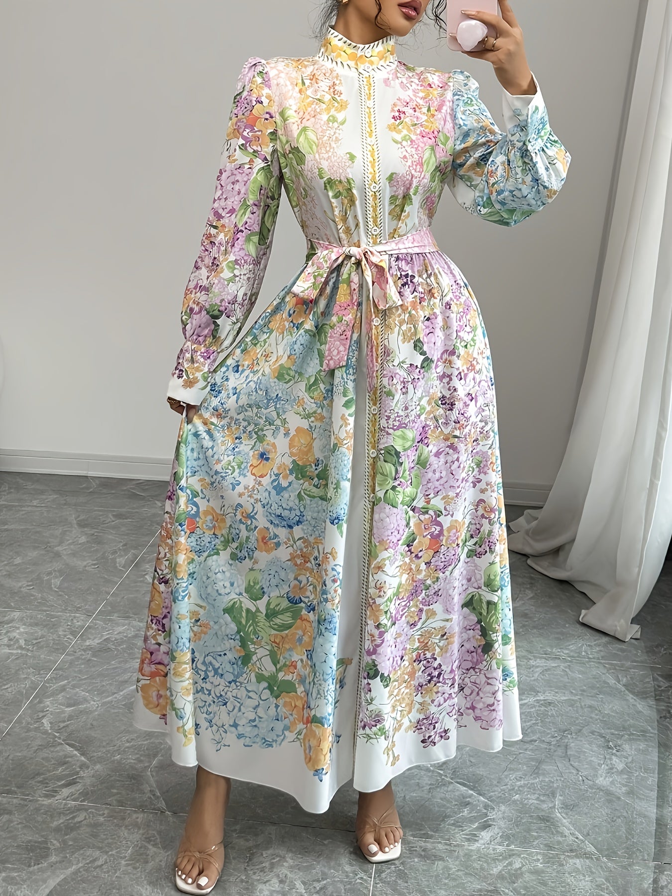 Women's French Elegant Floral Print Puff Sleeve Dress - Stand-Up Collar Button Front with Adjustable Waist Belt, Fitted Silhouette for Spring/Autumn Vacation & Casual Outings, Spring Fashion, Quality Craftsmanship, Autumn Outfit, Highquality Fabric, Adult