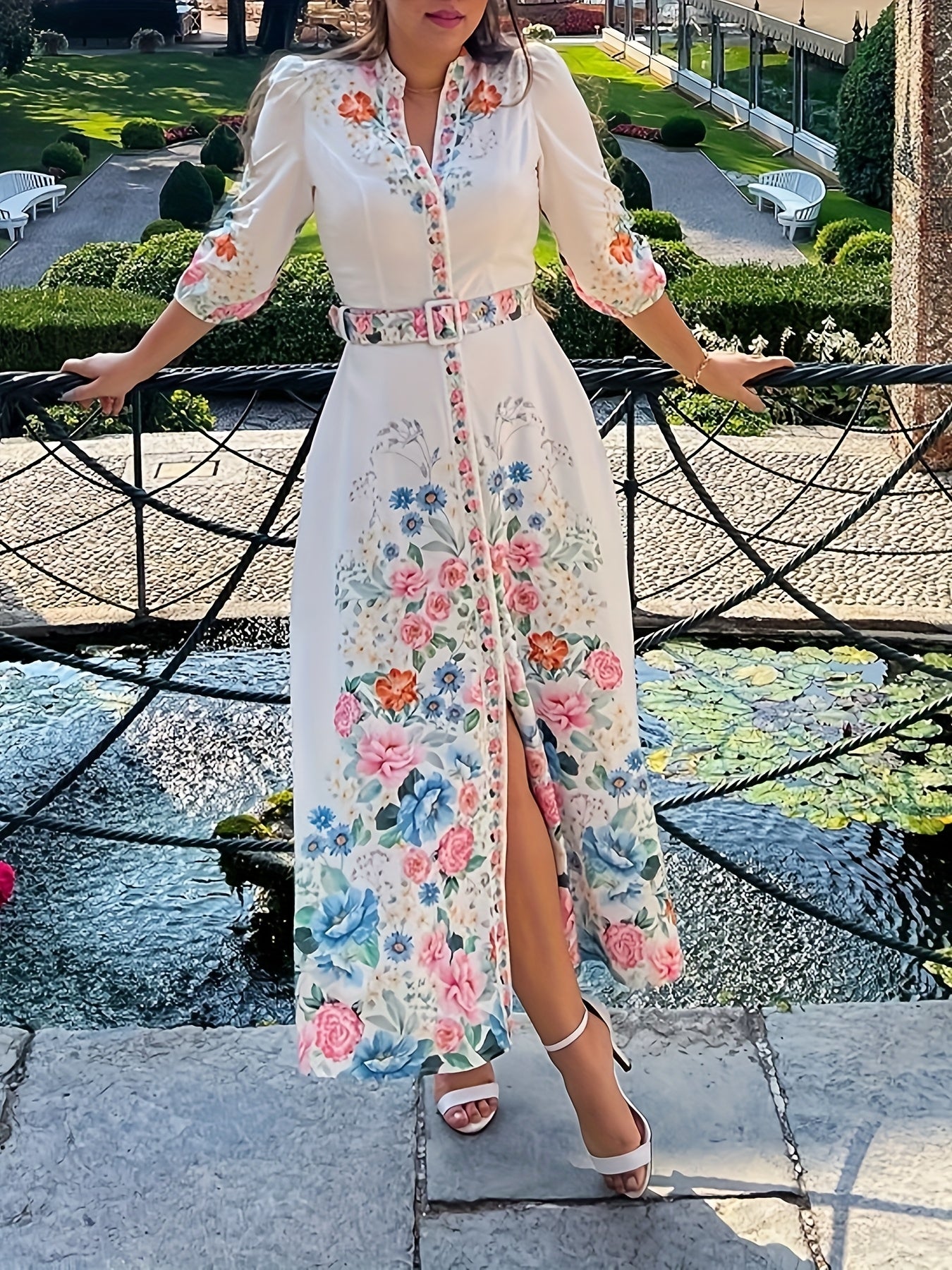 Floral Print V Neck Three Quarters Tied Detail Blouse Dress Casual A Line Slim Fit Maxi Dress