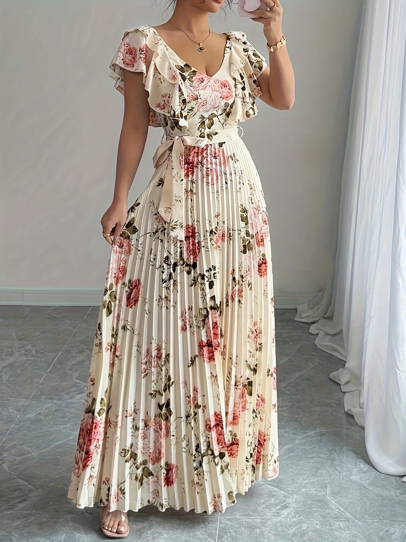 Women'S Elegant Floral Print V-Neck Maxi Dress - Flared A-Line Skirt, Formal & Casual Event Gown in Red/White/, All-Season Wedding Party Outfit with Waist Definition for Everyday & Special Occasions, Cute Dresses, Versatile Fashion, Quality Fabric