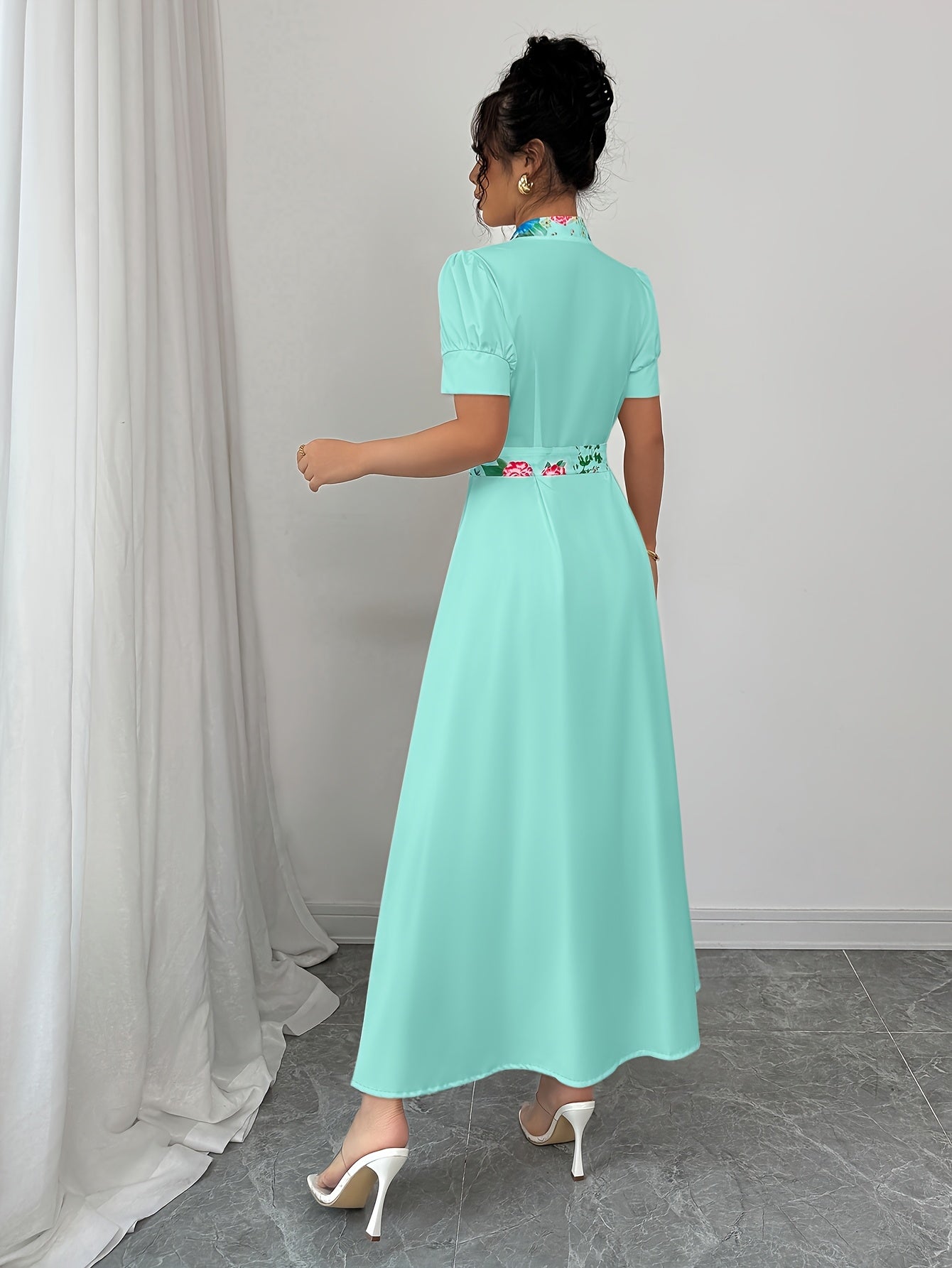 [Floral Maxi Dress] Turquoise Blue & Pink Floral Maxi Dress | Women's A-Line Non-Stretch Party & Everyday Dress | Machine Washable
