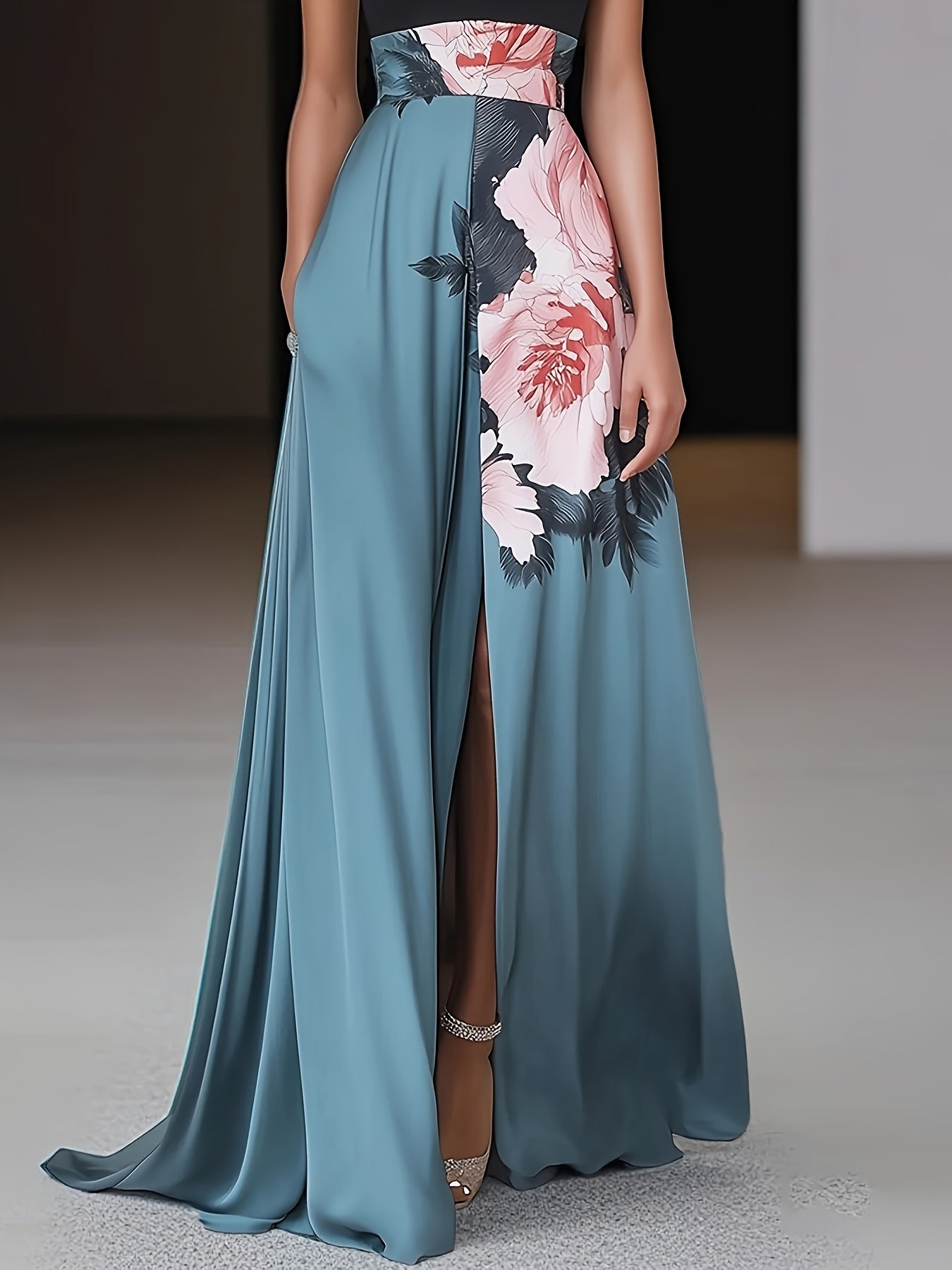 Women's Elegant Floral Print Halter Neck Dress - Sleeveless A-Line Long Formal Party Dress with Split Hem & Color Block Design in Teal Blue & Pink, Machine Washable Spring Summer Wedding Guest Gown