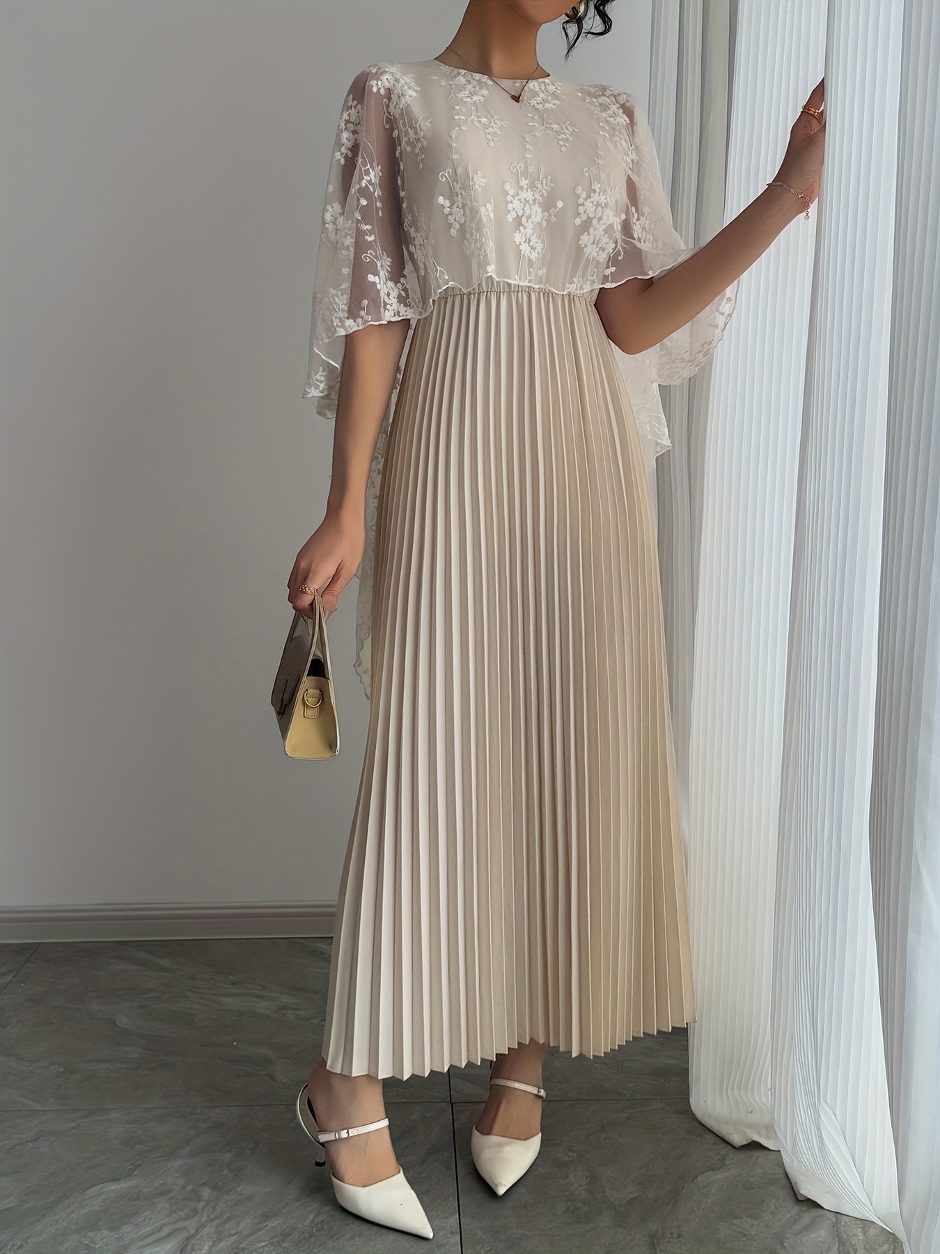 Women's Elegant Romantic Pleated Dress - Country Chic, Sweet A-Line Skirt with Zipper, Versatile Classic Style for Casual Attire, Date Night Outfit, Tailored Fit, Nonstretch Fabric, Adult Clothing