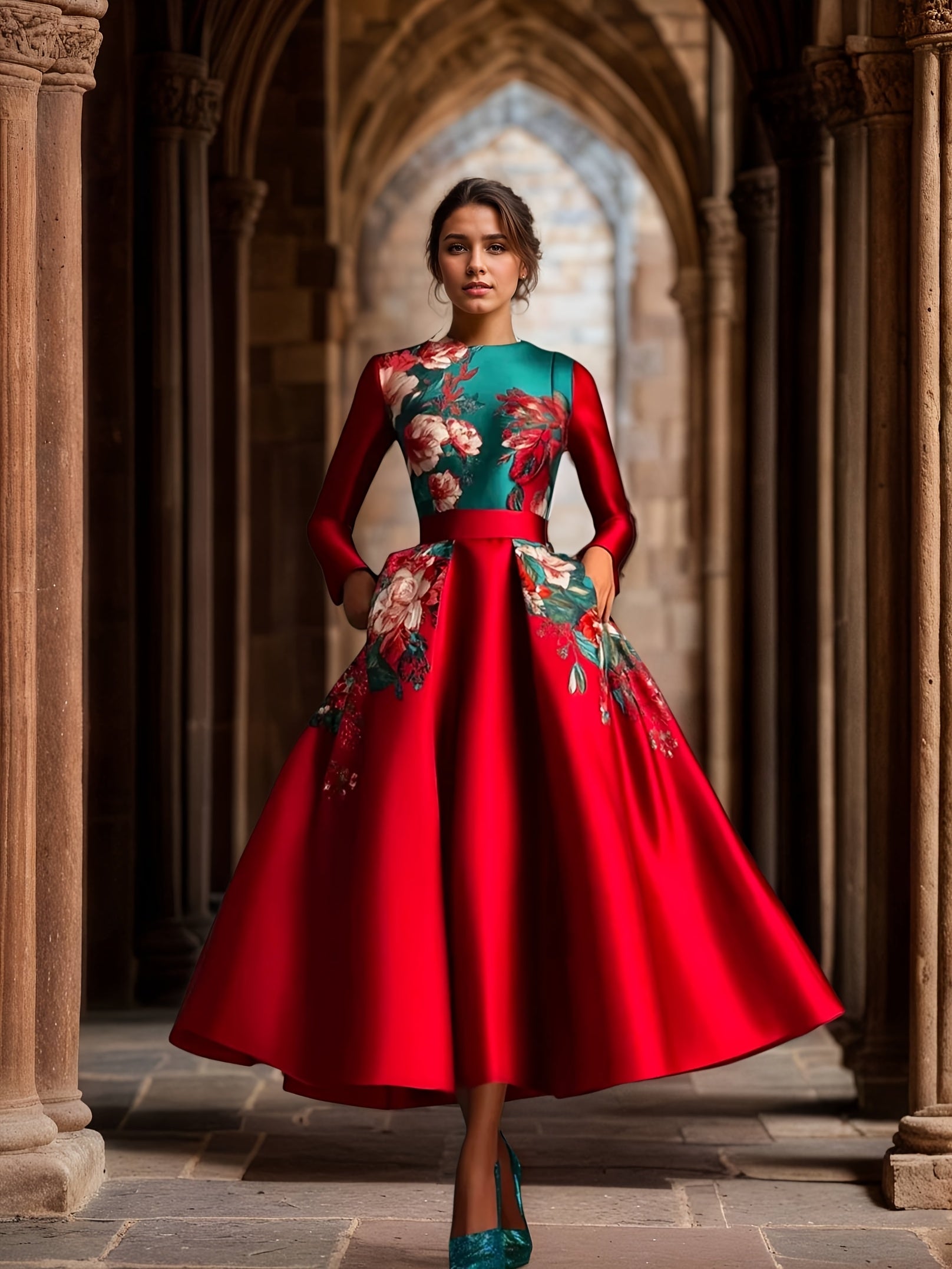 Women's Elegant Floral Dresses - Formal & Everyday Dresses, Machine Washable Non-Stretchy Party Wedding Outfits with Floral Print Red/, Flared skirt for Women, Evening Wear, Round Neckline, Smooth Fabric, Stylish Outfit, Fashion Lovers