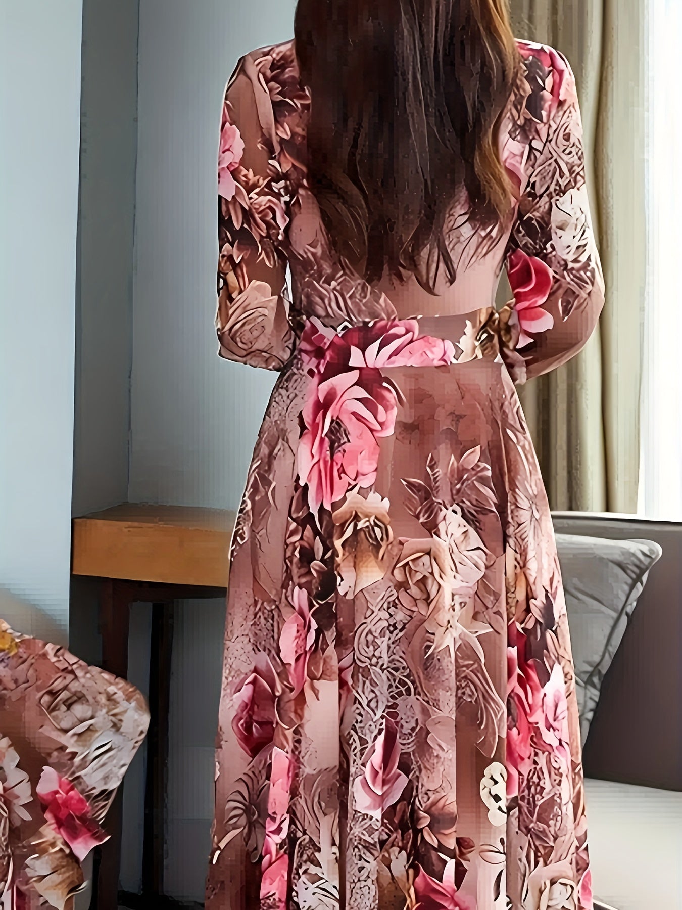 Elegant Women's V-Neck Floral Print Dress with Fitted Bodice & Flowy Skirt - Machine Washable, All-Season Versatile for Casual to Formal Occasions, No Stretch Fabric, Zipper Closure