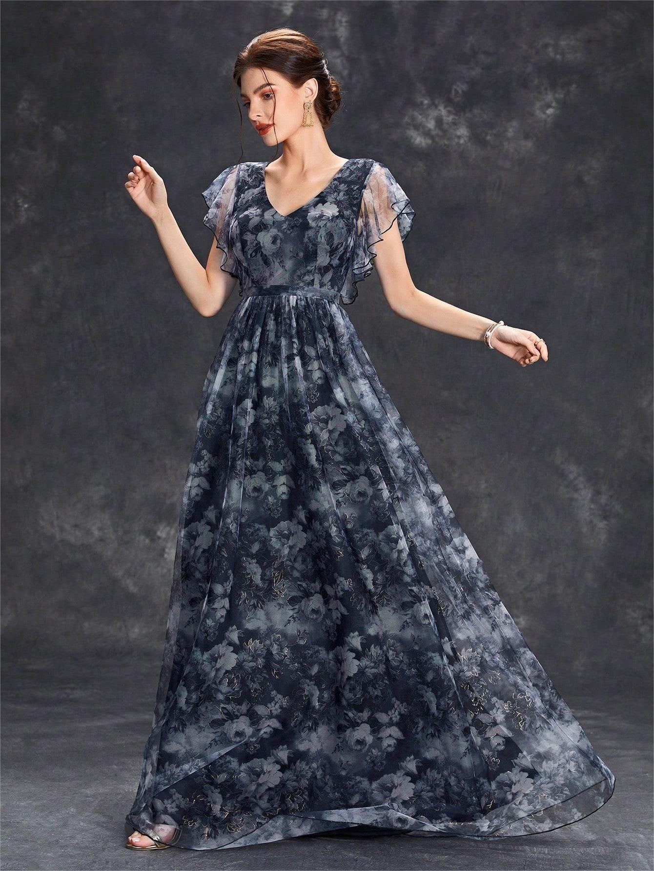 Elegant Women'S Deep V-Neck Bridesmaid Dress with Short Sleeves, Floral Print, Lace Trim, Satin Mesh Overlay, Ruffle Hem, A-Line Long Skirt, Perfect for Weddings and Formal Events, Wedding Guest Attire | Floral Print Dress | Satin Finish