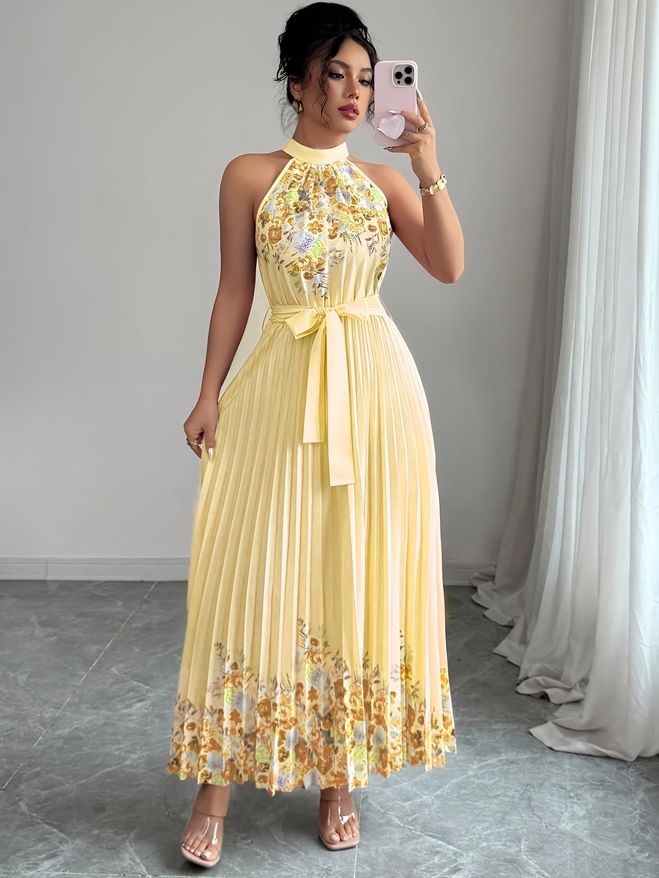 [Elegant Floral Print Dress] Women's Elegant Floral Print Sleeveless A-Line Dress - Vibrant Pink Round Neck Machine-Washable Spring/Summer Casual & Formal Wear, Floral Print Dress, No Stretch Fabric