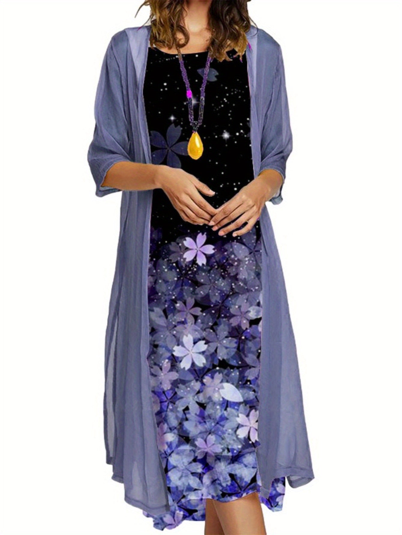 2025 Europe and the United States autumn new Women's long dress two-piece set of floral print round neck suit petticoat