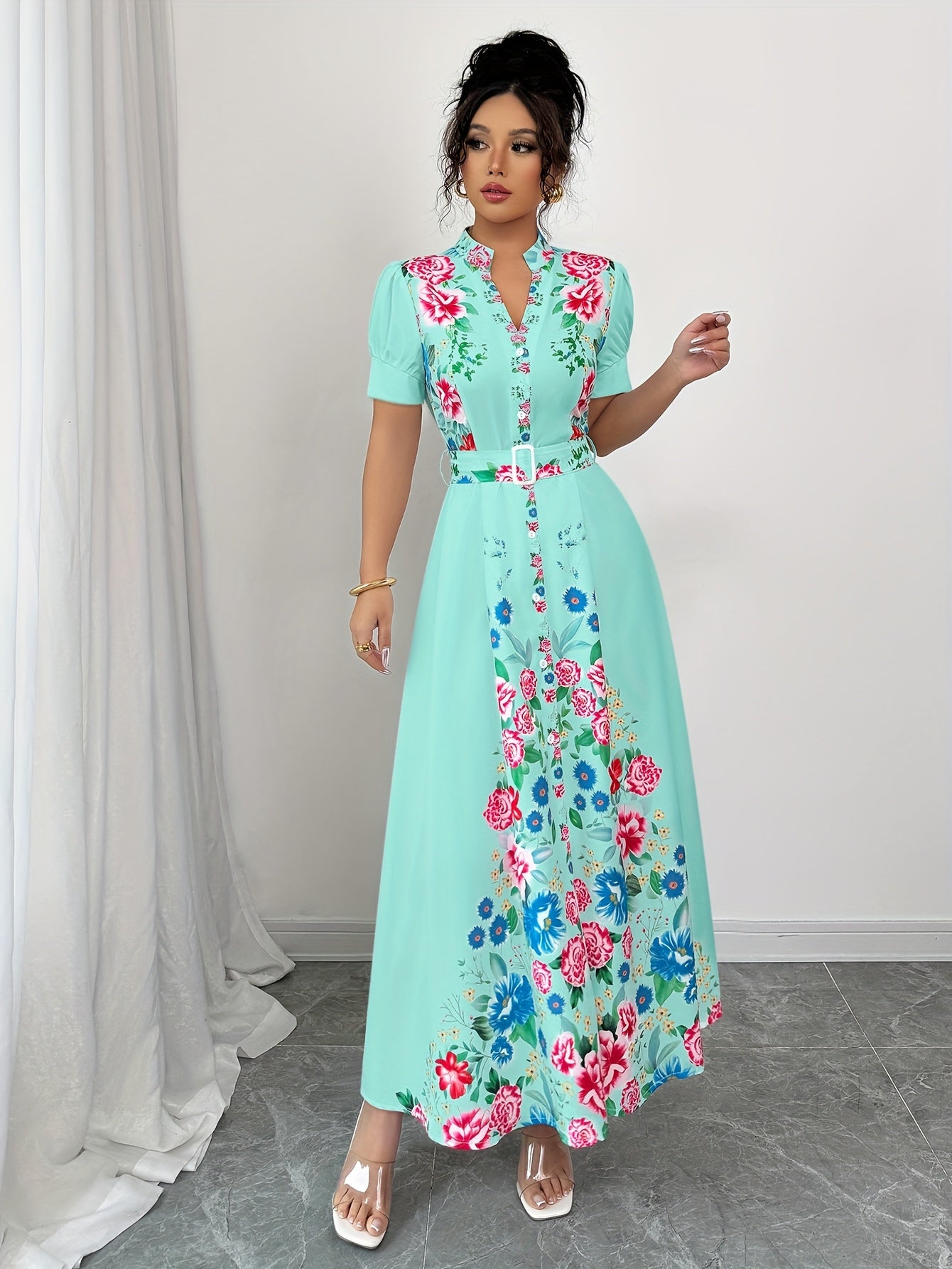 [Floral Maxi Dress] Turquoise Blue & Pink Floral Maxi Dress | Women's A-Line Non-Stretch Party & Everyday Dress | Machine Washable