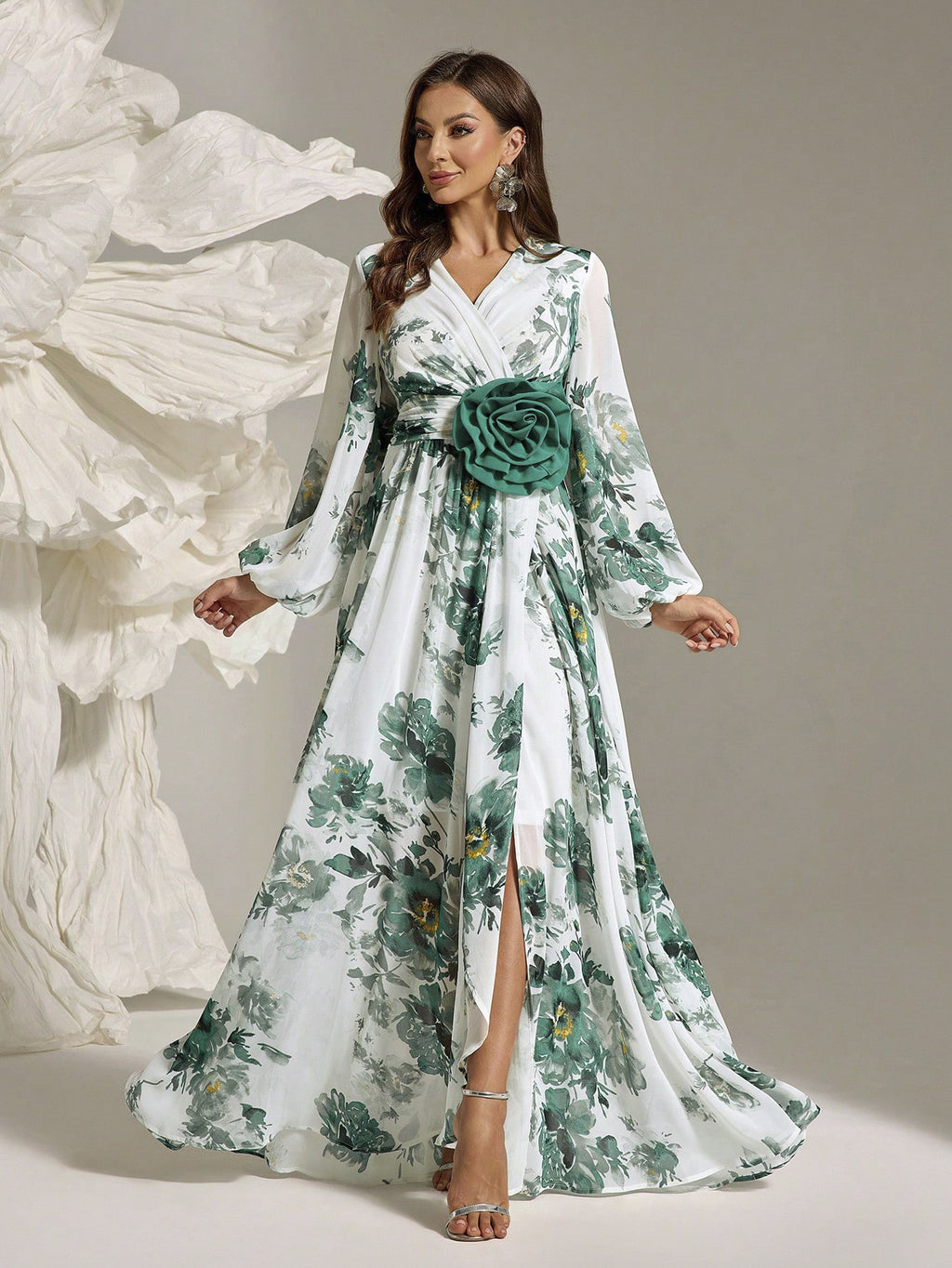 Women's Elegant Full-Floral Print Slit Maxi Dress with Three-Dimensional Flower Embellishments, Classic Romantic Long Gown for Office, Banquet, Casual Wear - 2025 New Arrival