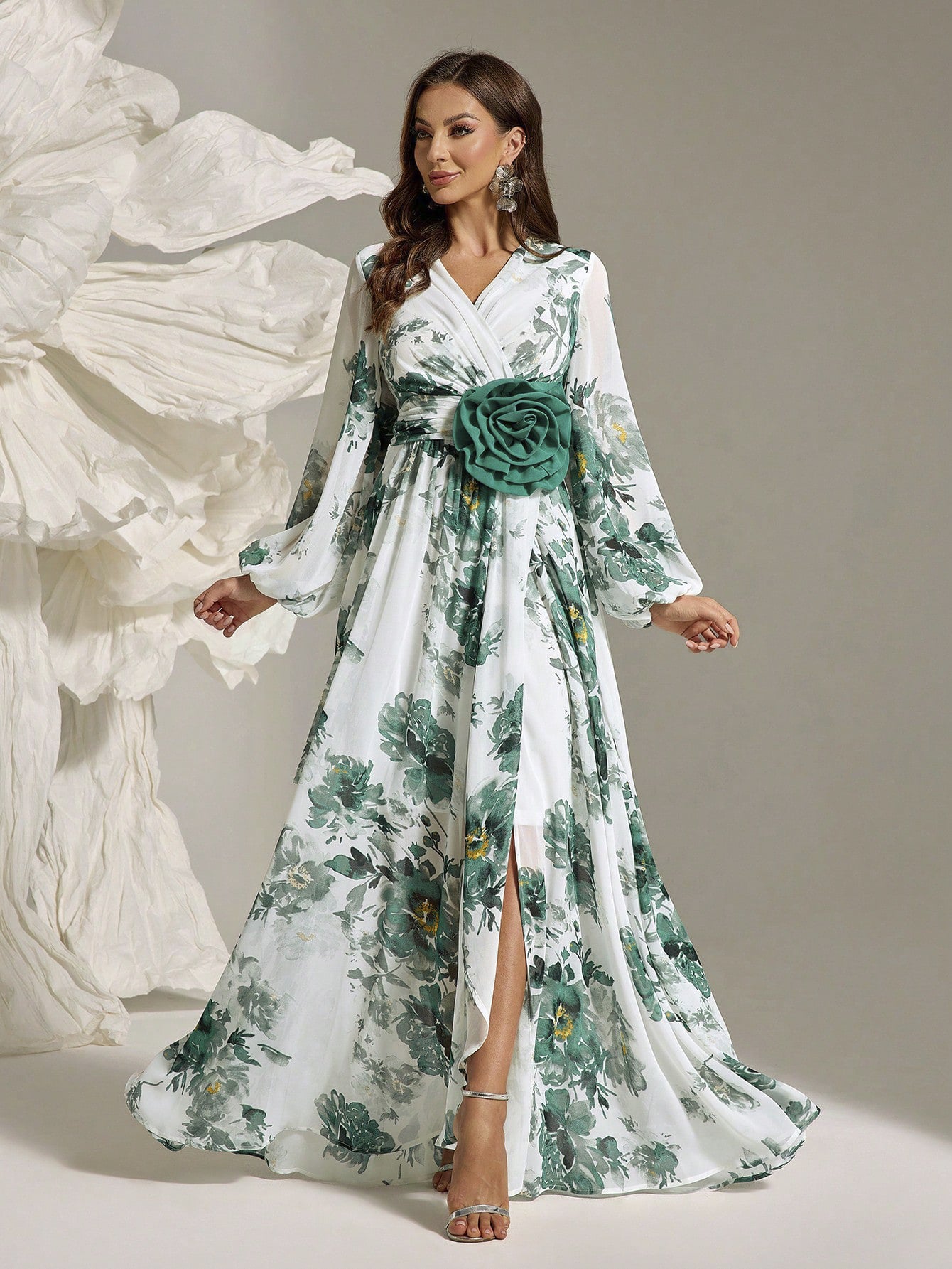 Women's Elegant Full-Floral Print Slit Maxi Dress with Three-Dimensional Flower Embellishments, Classic Romantic Long Gown for Office, Banquet, Casual Wear - 2025 New Arrival