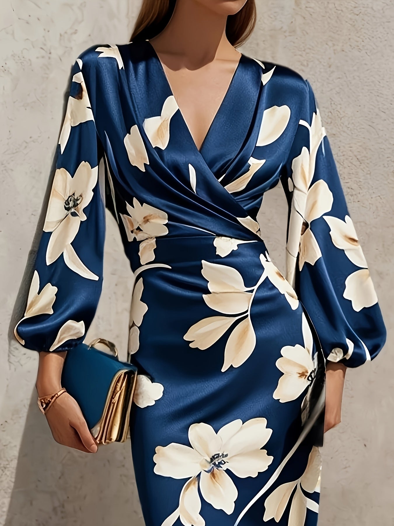 Women's Elegant Floral dress - Long formal party, V-Neck Long Sleeve, Navy Blue & Floral print, Zipper back, Non-Stretchy fabric for Weddings, Office, Gala - All-Season Formal & Everyday Chic Attire, Dresses for Wedding Guest
