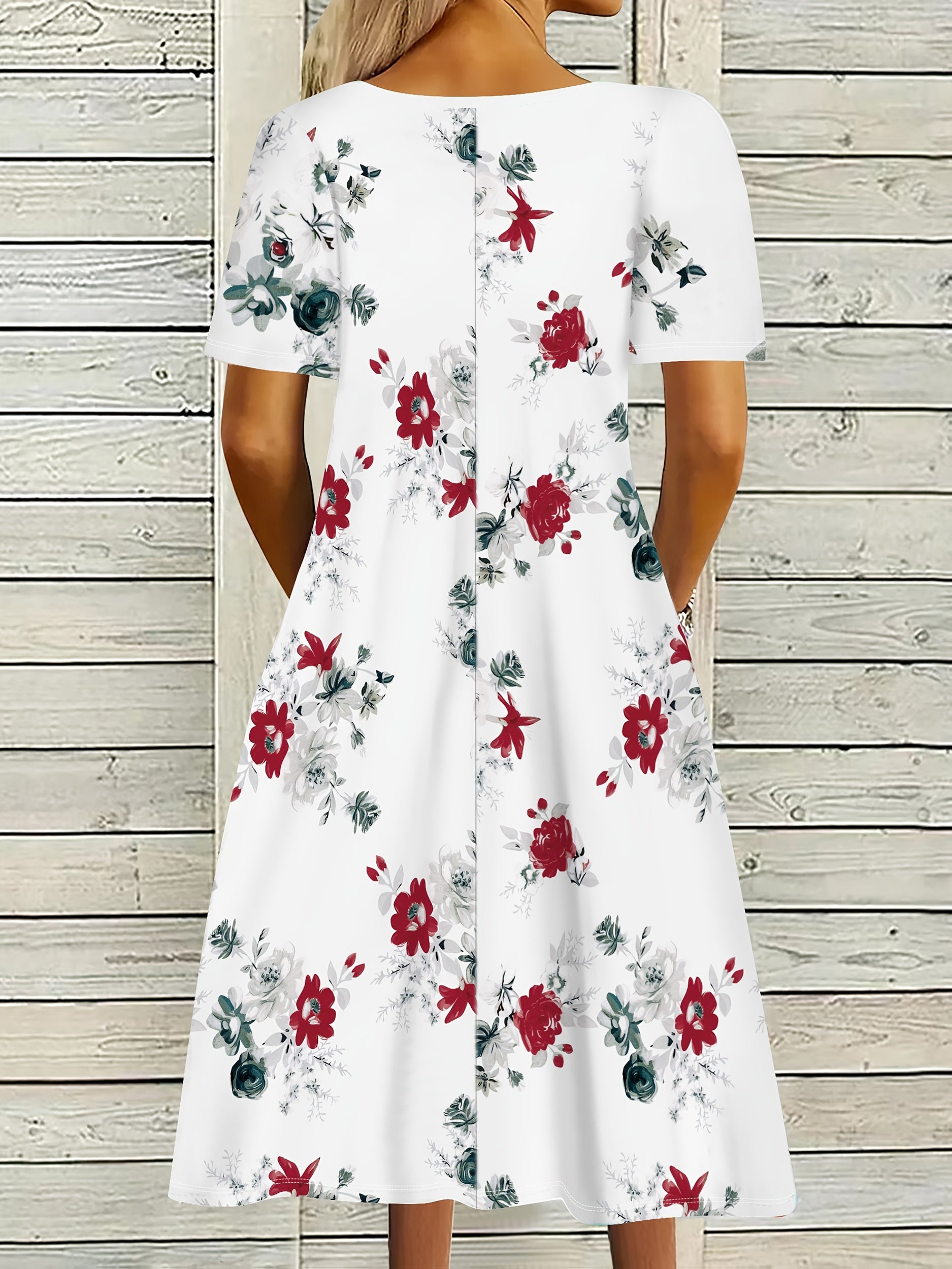 [Stylish Midi Dress] Elegant Floral Women's Round Neck Short Sleeve Pocket Midi Dress for Vacation