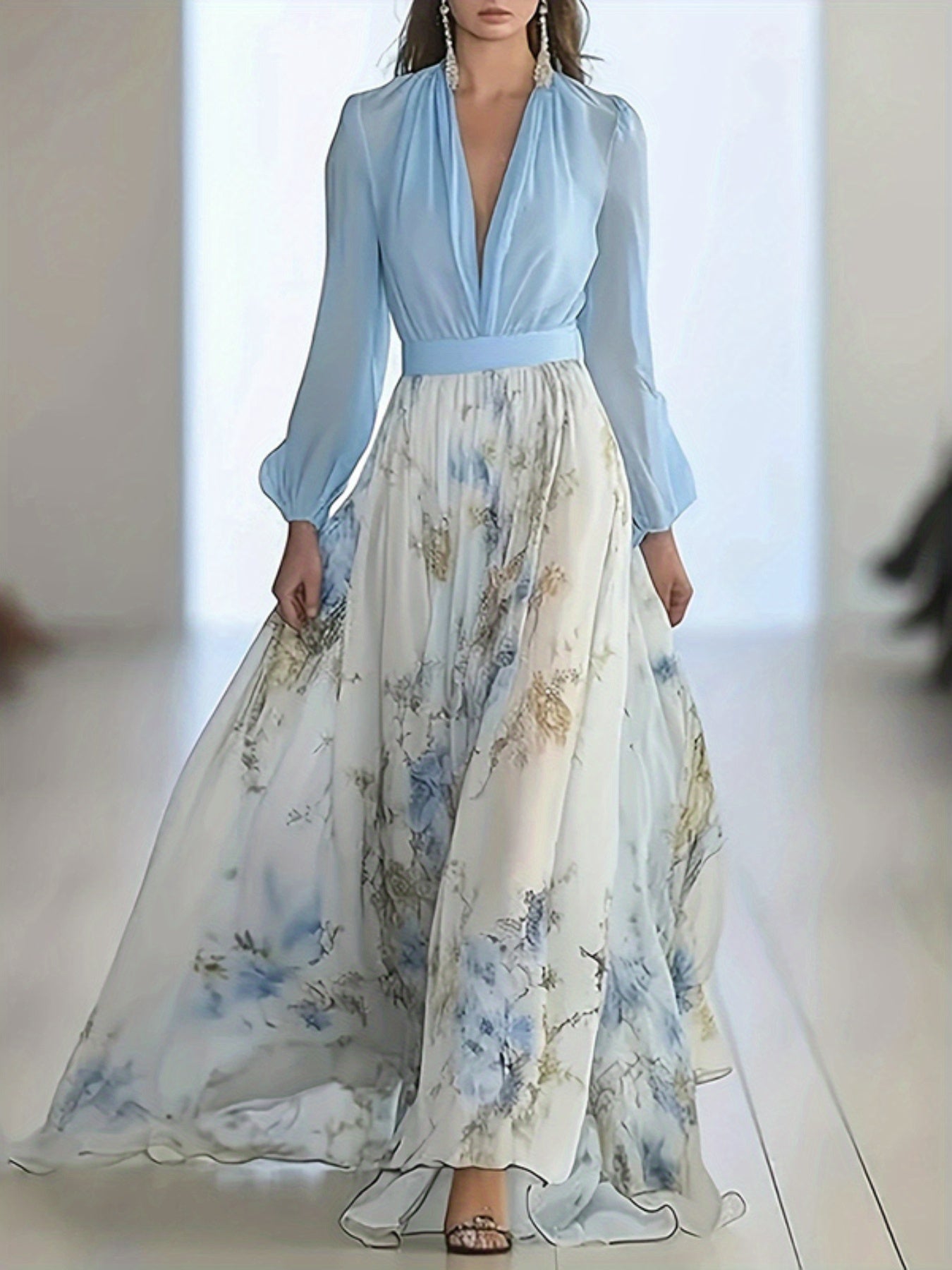 Women'S Elegant Deep V-Neck Floral Print Maxi Dress with Long Sleeves - A-Line Waist Ruffle Hem, Light Blue & Golden Floral Design, Perfect for Spring & Summer Vacations, Vacation Dress | Boho Chic Dress | Polyester Fabric