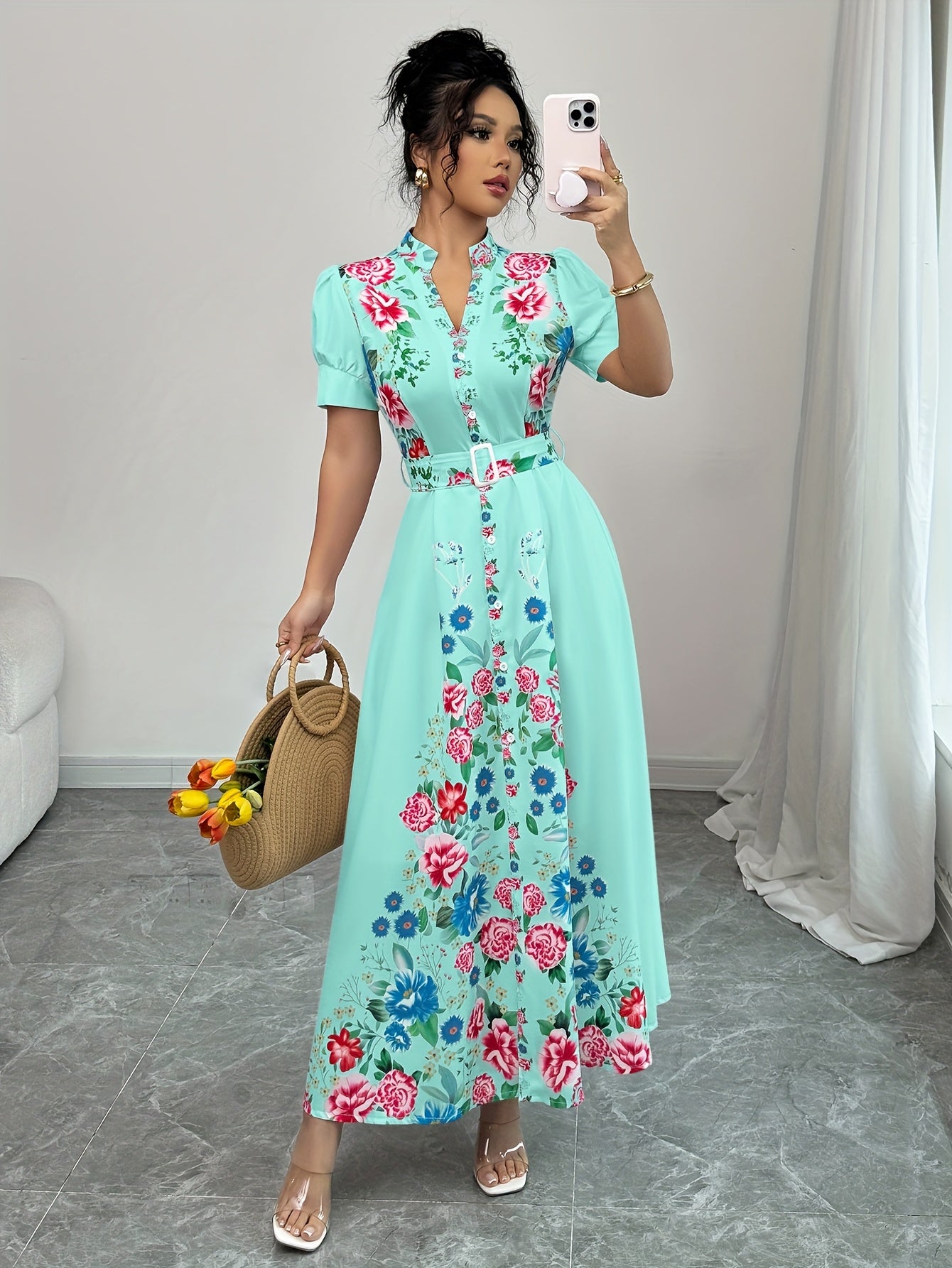 [Floral Maxi Dress] Turquoise Blue & Pink Floral Maxi Dress | Women's A-Line Non-Stretch Party & Everyday Dress | Machine Washable