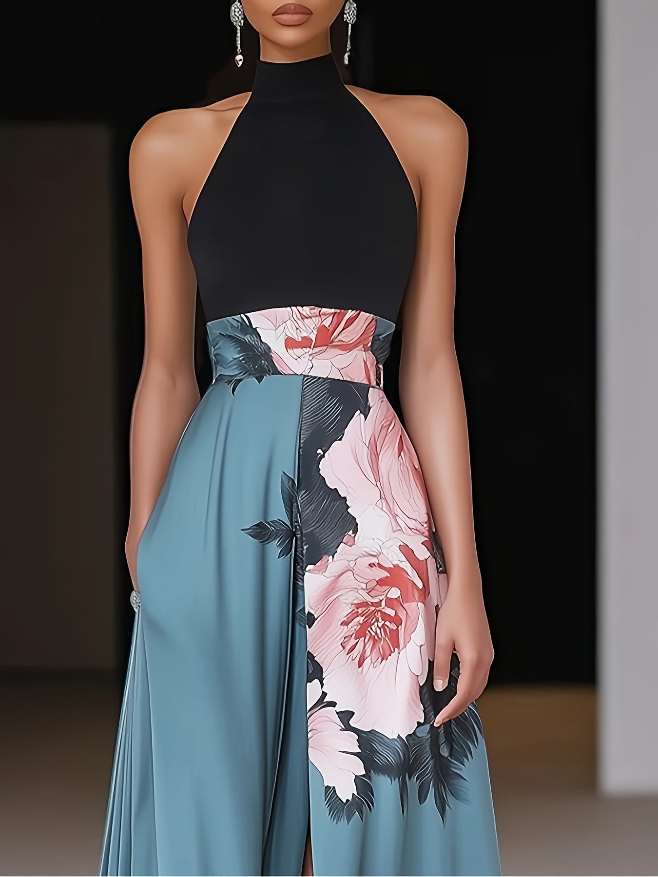 Women's Elegant Floral Print Halter Neck Dress - Sleeveless A-Line Long Formal Party Dress with Split Hem & Color Block Design in Teal Blue & Pink, Machine Washable Spring Summer Wedding Guest Gown