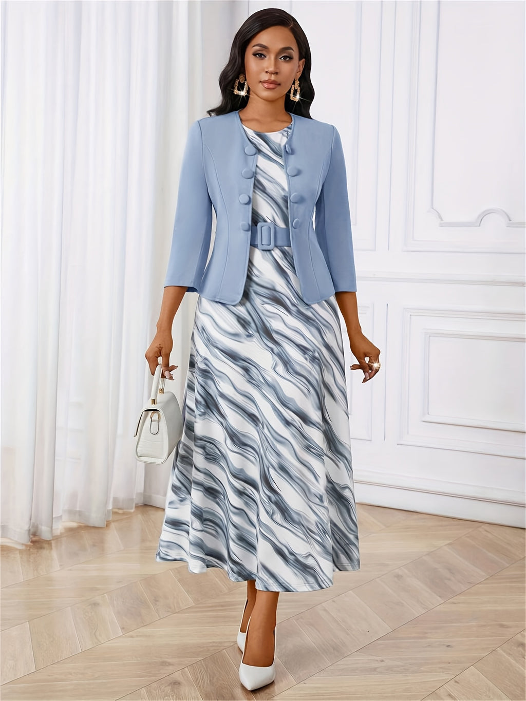 YY0511281 European and American Spring Autumn Elegant Style Button-Open Front 7/8 Sleeve Jacket Black Yellow Print Round Neck Sleeveless A-Line Belted Dress Two-Piece Set