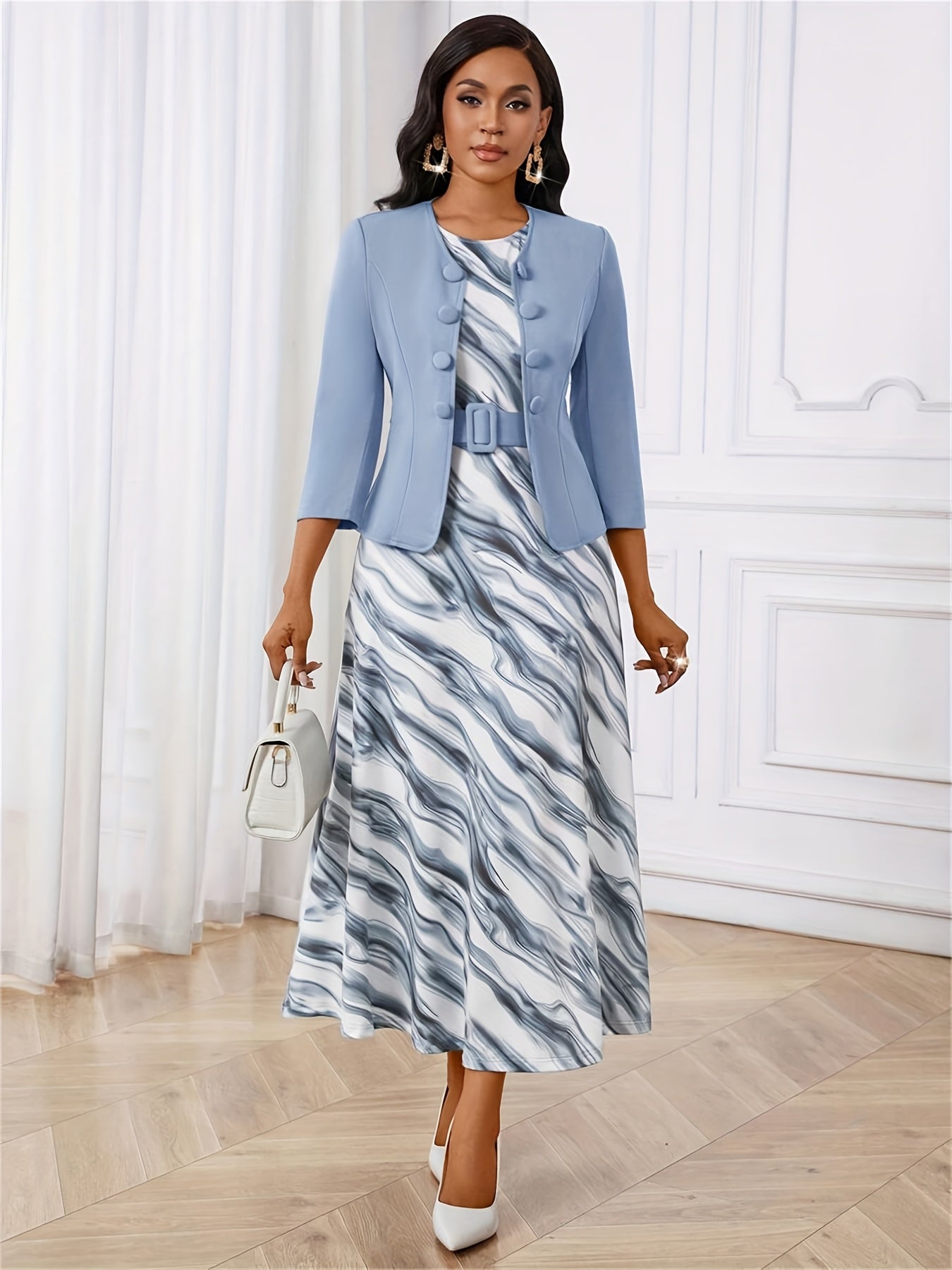 YY0511281 European and American Spring Autumn Elegant Style Button-Open Front 7/8 Sleeve Jacket Black Yellow Print Round Neck Sleeveless A-Line Belted Dress Two-Piece Set