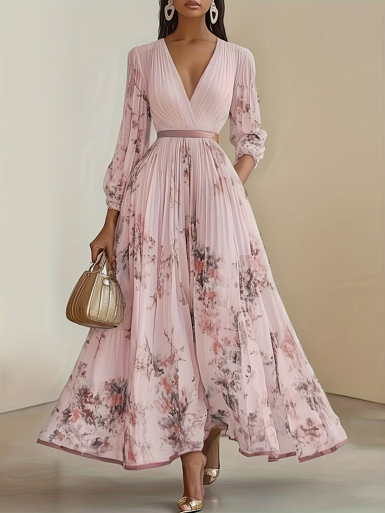 Elegant Olive Green V-Neck A-Line Long Dress with Lace Trim & Ruffled Blouse - Floral Print Slit Hem, Machine Washable High-Quality Fabric Women's Wedding, Evening & Party Gown - All-Season Versatile Formal Attire, Formal Dress, Wedding Dresses for Women