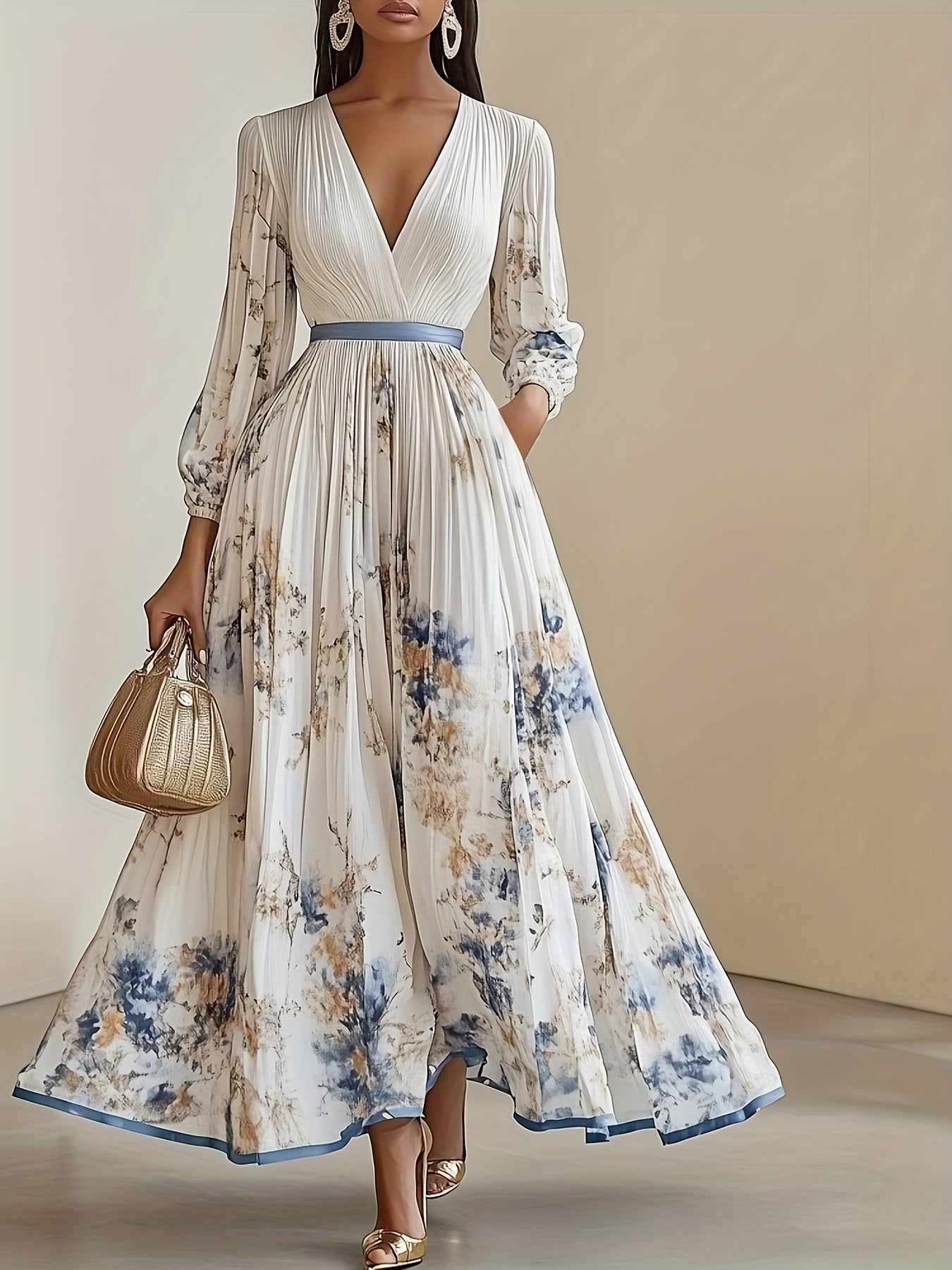 Elegant Olive Green V-Neck A-Line Long Dress with Lace Trim & Ruffled Blouse - Floral Print Slit Hem, Machine Washable High-Quality Fabric Women's Wedding, Evening & Party Gown - All-Season Versatile Formal Attire, Formal Dress, Wedding Dresses for Women