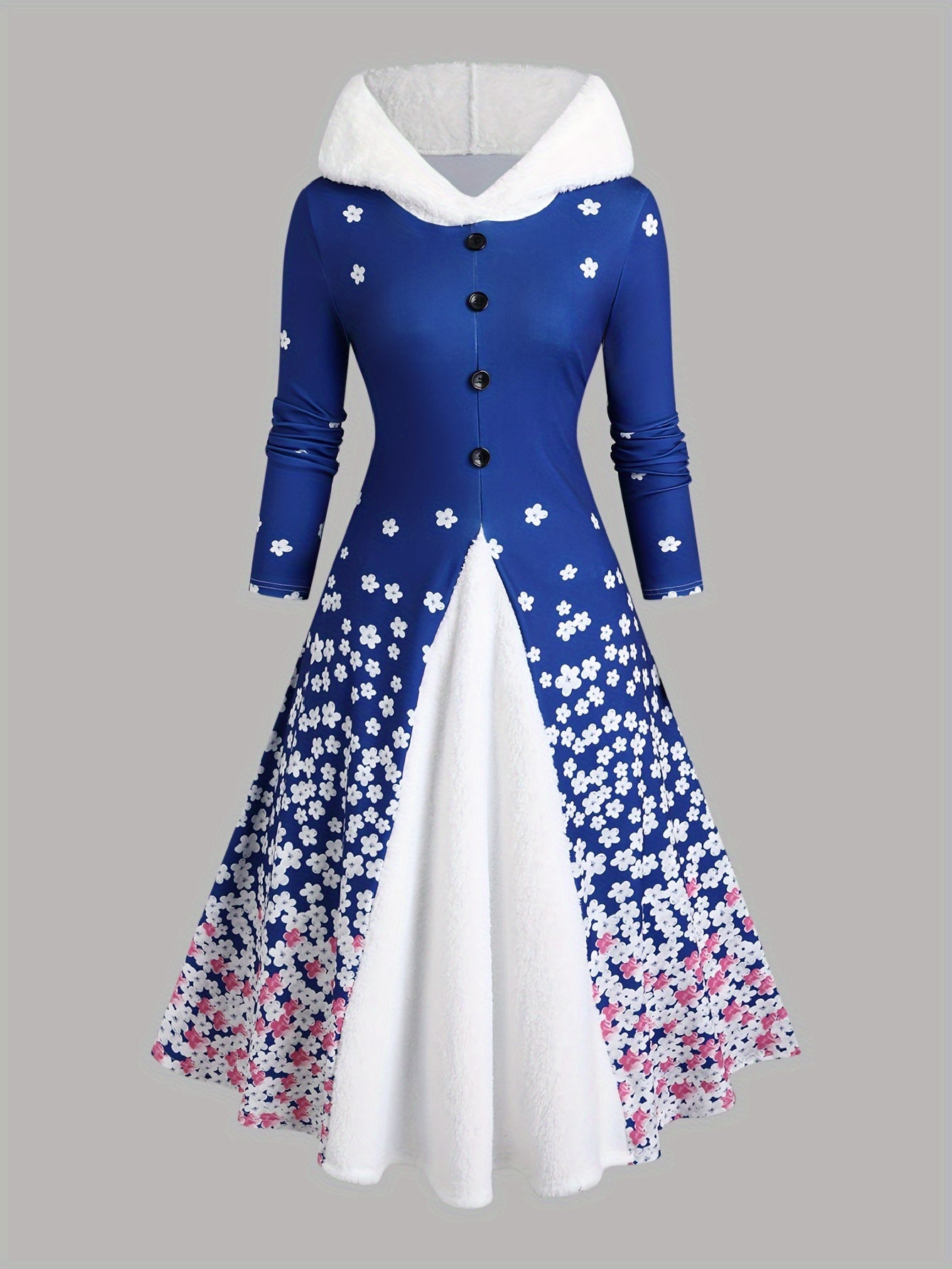 Floral Print Button Button Front Hooded Dress, Elegant Long Sleeve Dress For Spring & Fall, Women's Clothing