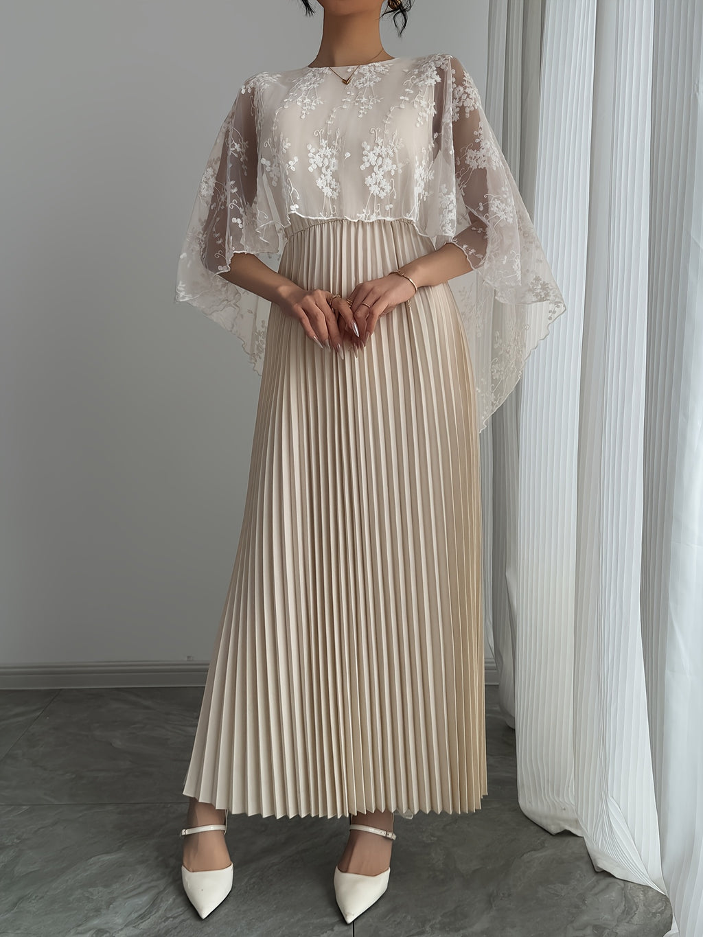 Women's Elegant Romantic Pleated Dress - Country Chic, Sweet A-Line Skirt with Zipper, Versatile Classic Style for Casual Attire, Date Night Outfit, Tailored Fit, Nonstretch Fabric, Adult Clothing