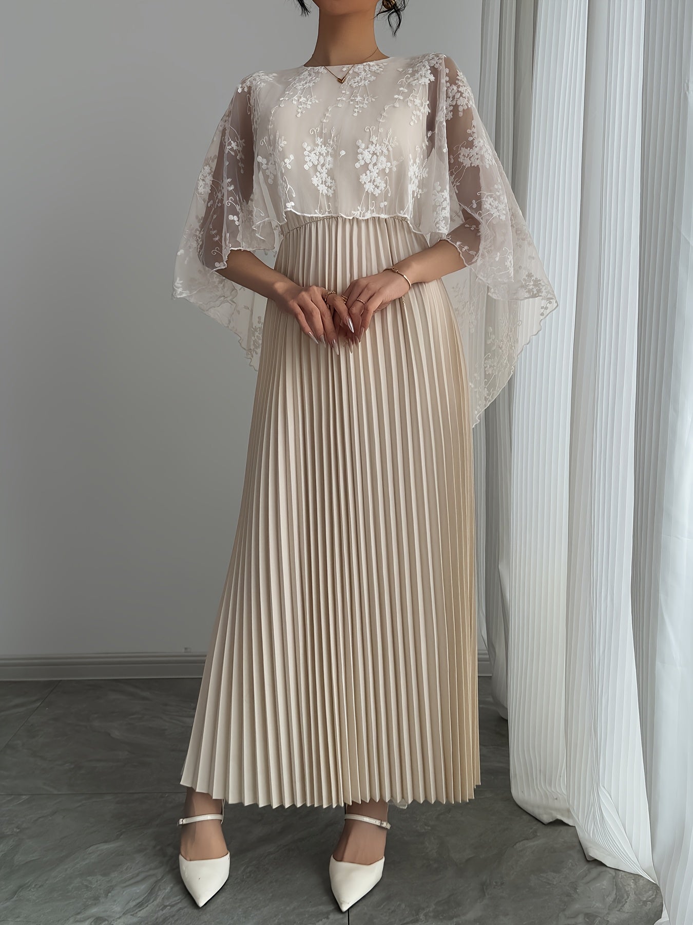 Women's Elegant Romantic Pleated Dress - Country Chic, Sweet A-Line Skirt with Zipper, Versatile Classic Style for Casual Attire, Date Night Outfit, Tailored Fit, Nonstretch Fabric, Adult Clothing
