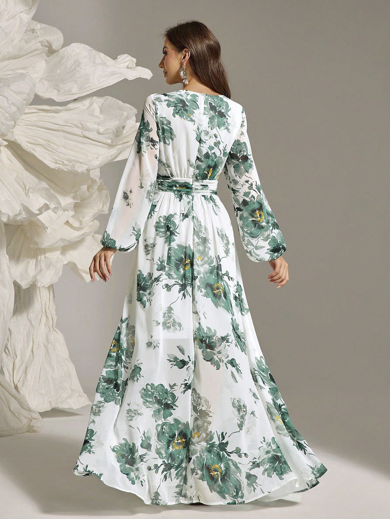 Women's Elegant Full-Floral Print Slit Maxi Dress with Three-Dimensional Flower Embellishments, Classic Romantic Long Gown for Office, Banquet, Casual Wear - 2025 New Arrival