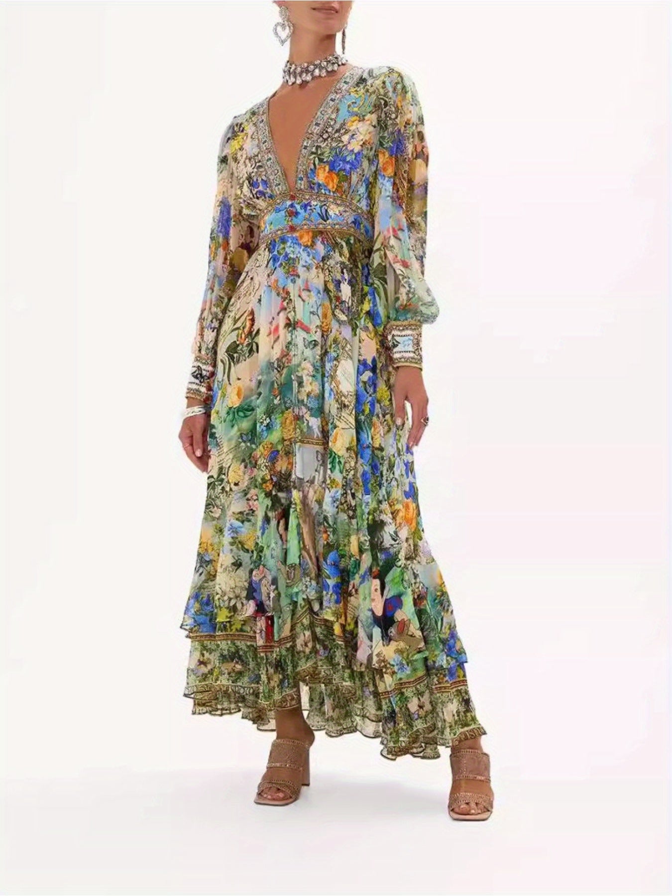 Women'S Elegant V-Neck Long Sleeve Floral Print Dress with Puff Sleeves & Waist Tie Belt - Lightweight A-Line Mini Dress for Spring/Fall, Weddings, Parties, Formal Events, Floral Print Dress, Party Wear, Spring Fall Fashion, Delicate Fabric Design