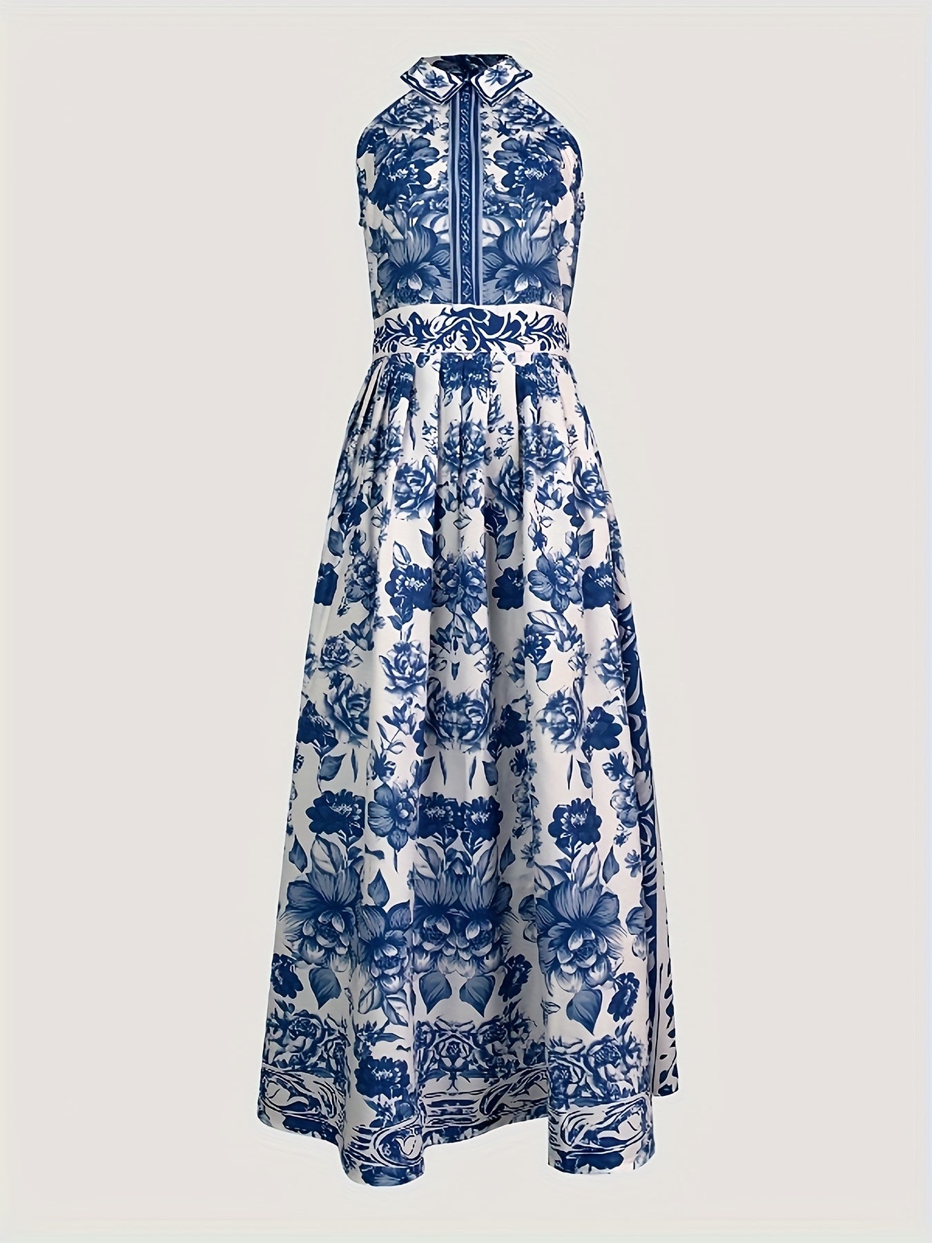Women's A-Line Loose Fit Sleeveless Maxi Dress with Floral Print, Lapel Collar, and Split-Joint Design - Perfect for Spring, Summer, and Vacation Casual Wear, Cute Dress