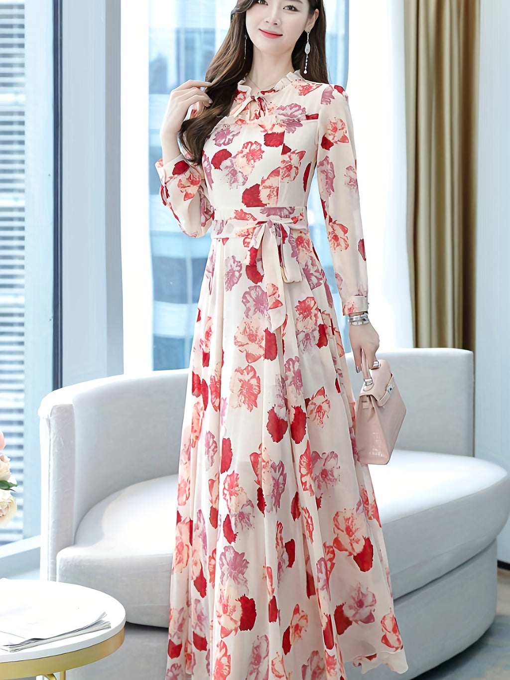 A Romantic Feast Of Spring Flowers! Retro Bohemian - Inspired Elegant Floral - Patterned Long - Sleeved Belted Printed Vacation - Style Dress
