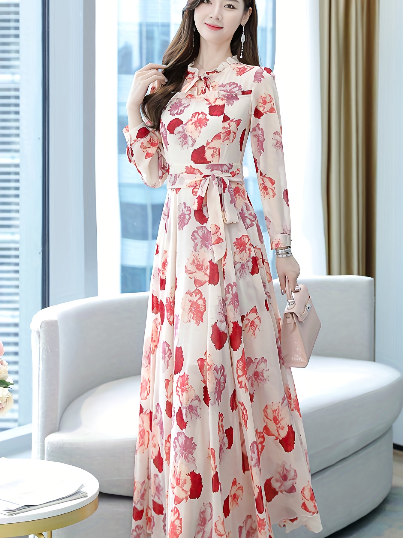 A Romantic Feast Of Spring Flowers! Retro Bohemian - Inspired Elegant Floral - Patterned Long - Sleeved Belted Printed Vacation - Style Dress
