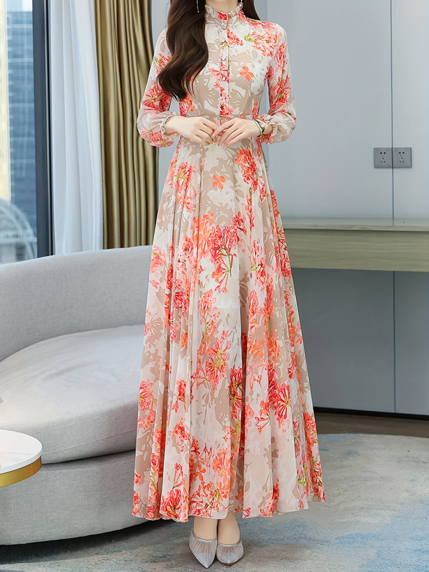 Floral Print Button Front Mock Neck Dress, Elegant Long Sleeve Dress For Spring & Fall, Women's Clothing