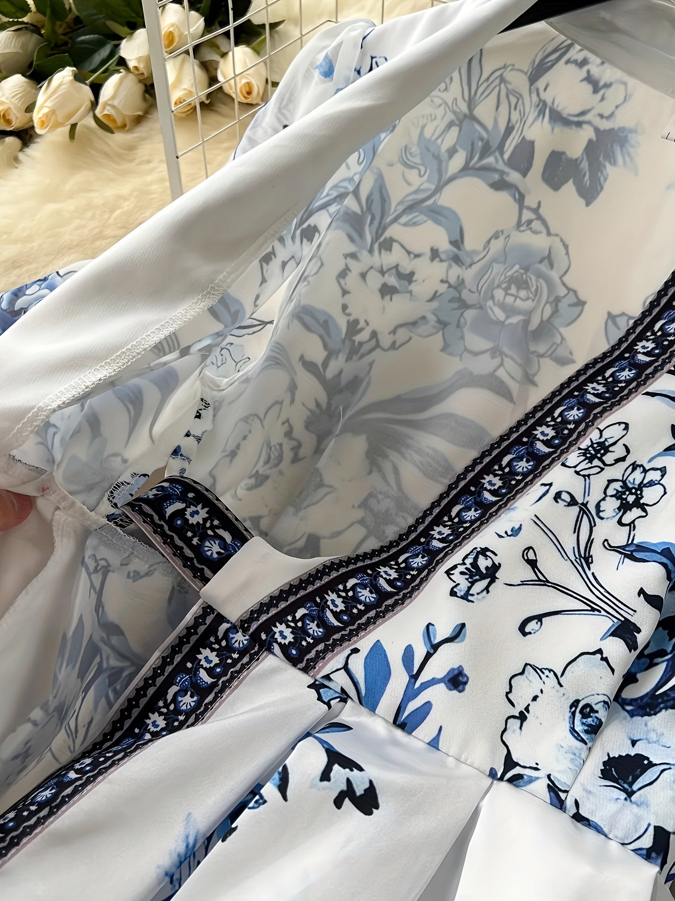 Elegant French-Inspired Floral V-Neck Long Dress with Lantern Sleeves and Tie Waist - White with Blue Floral Patterns, Perfect for Parties and Formal Events, Formal Event Attire|Vintage Style|Lantern Sleeves, Floral Print Dress