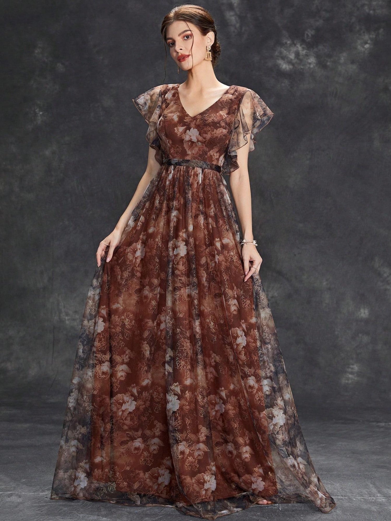 Elegant Women'S Deep V-Neck Bridesmaid Dress with Short Sleeves, Floral Print, Lace Trim, Satin Mesh Overlay, Ruffle Hem, A-Line Long Skirt, Perfect for Weddings and Formal Events, Wedding Guest Attire | Floral Print Dress | Satin Finish