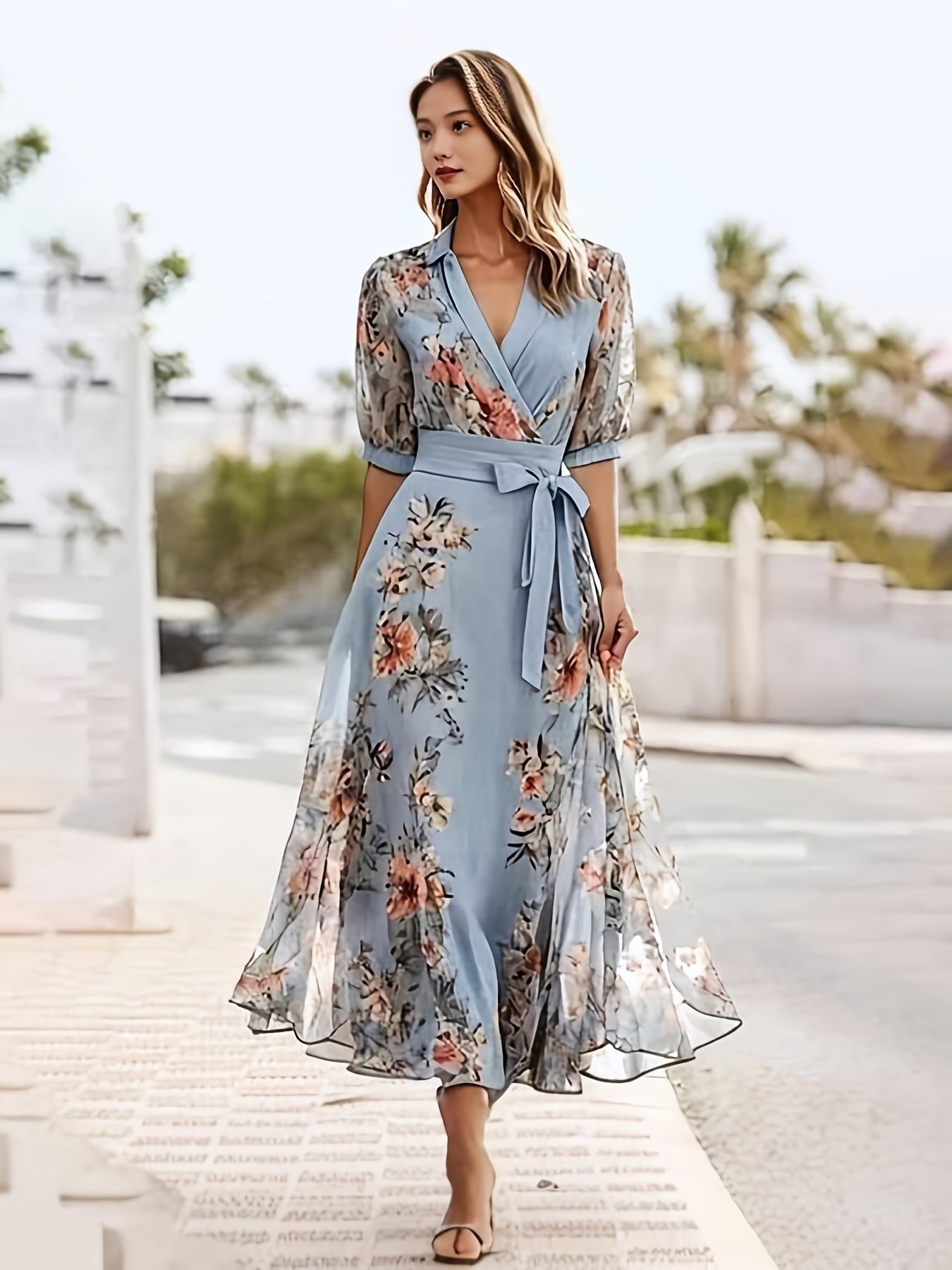 [Floral Dress] Floral Print V-Neck Dress for Women - Sleeveless A-Line Midi Dress with Tie Waist, Light Blue Floral Pattern on White, Perfect for Spring & Summer