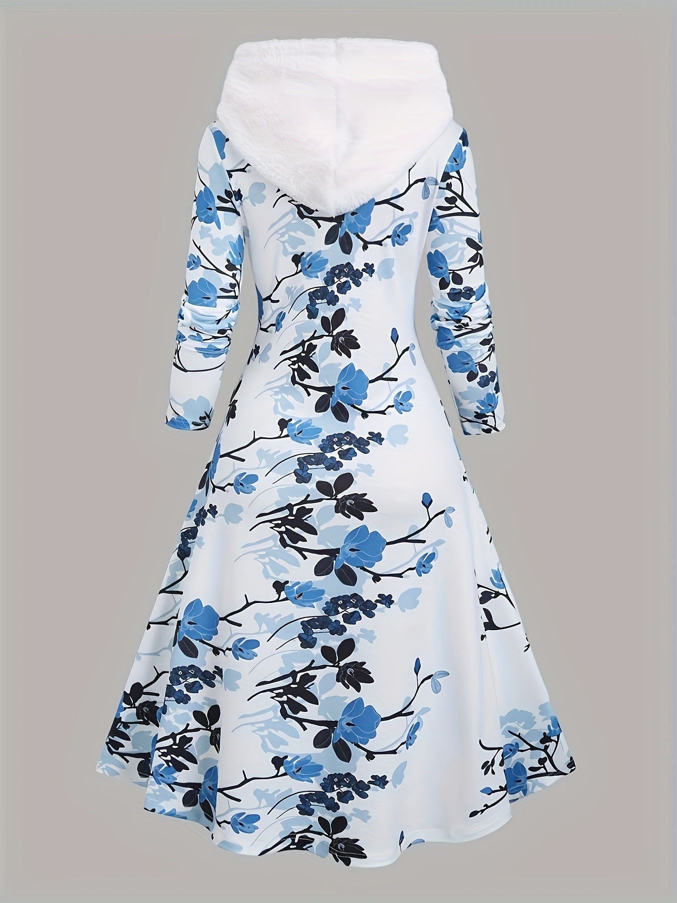 Floral Print Button Button Front Hooded Dress, Elegant Long Sleeve Dress For Spring & Fall, Women's Clothing