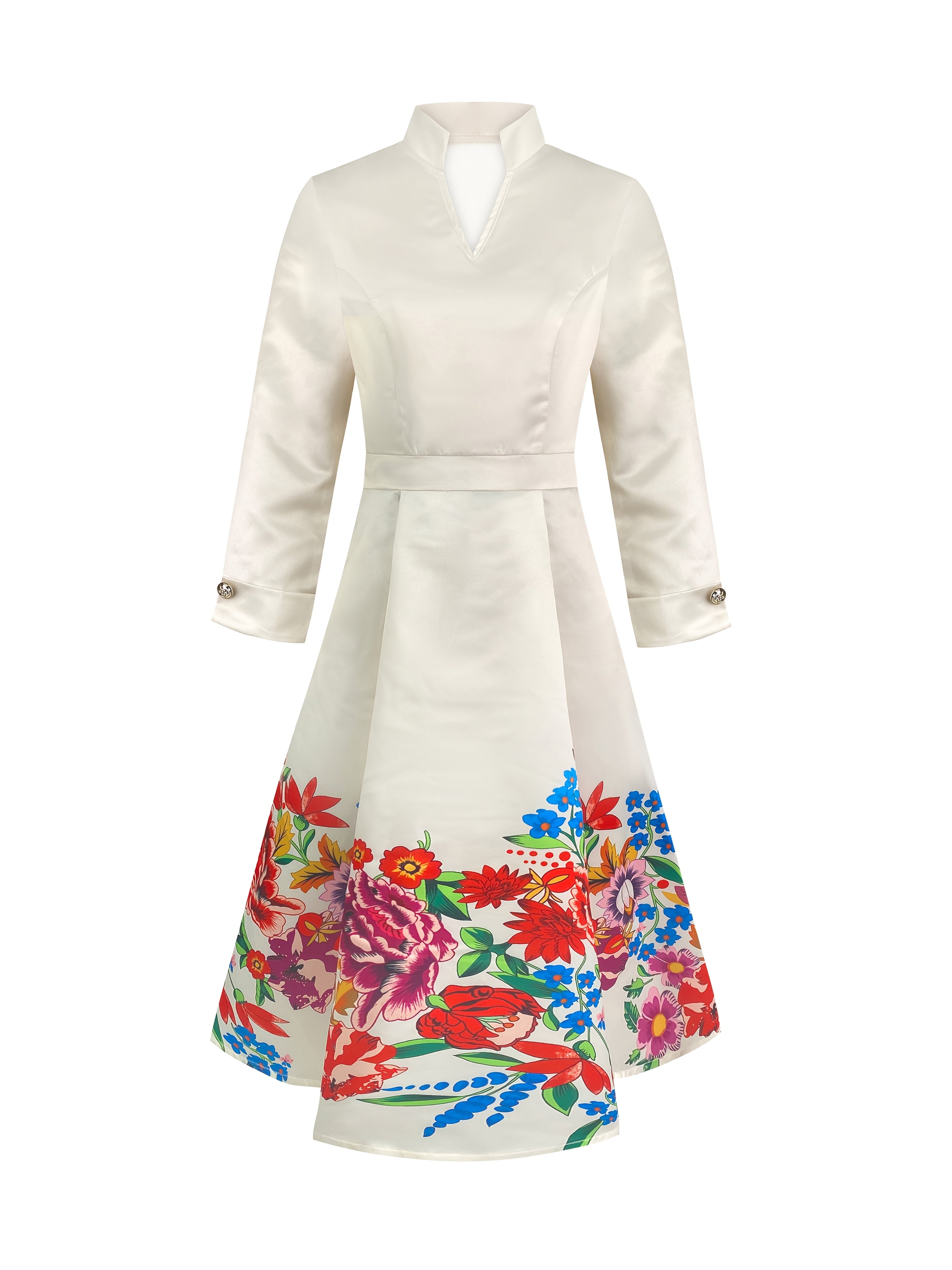 [Stylish Floral Dress] Machine Washable Polyester Women's Stylish Floral Print V-Neck Long Sleeve Dress with Cinched Waist & Flared Skirt | Perfect for Spring/Summer Commutes