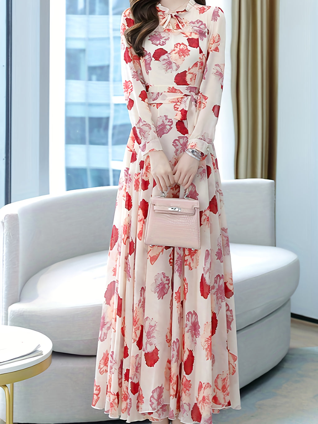 A Romantic Feast Of Spring Flowers! Retro Bohemian - Inspired Elegant Floral - Patterned Long - Sleeved Belted Printed Vacation - Style Dress