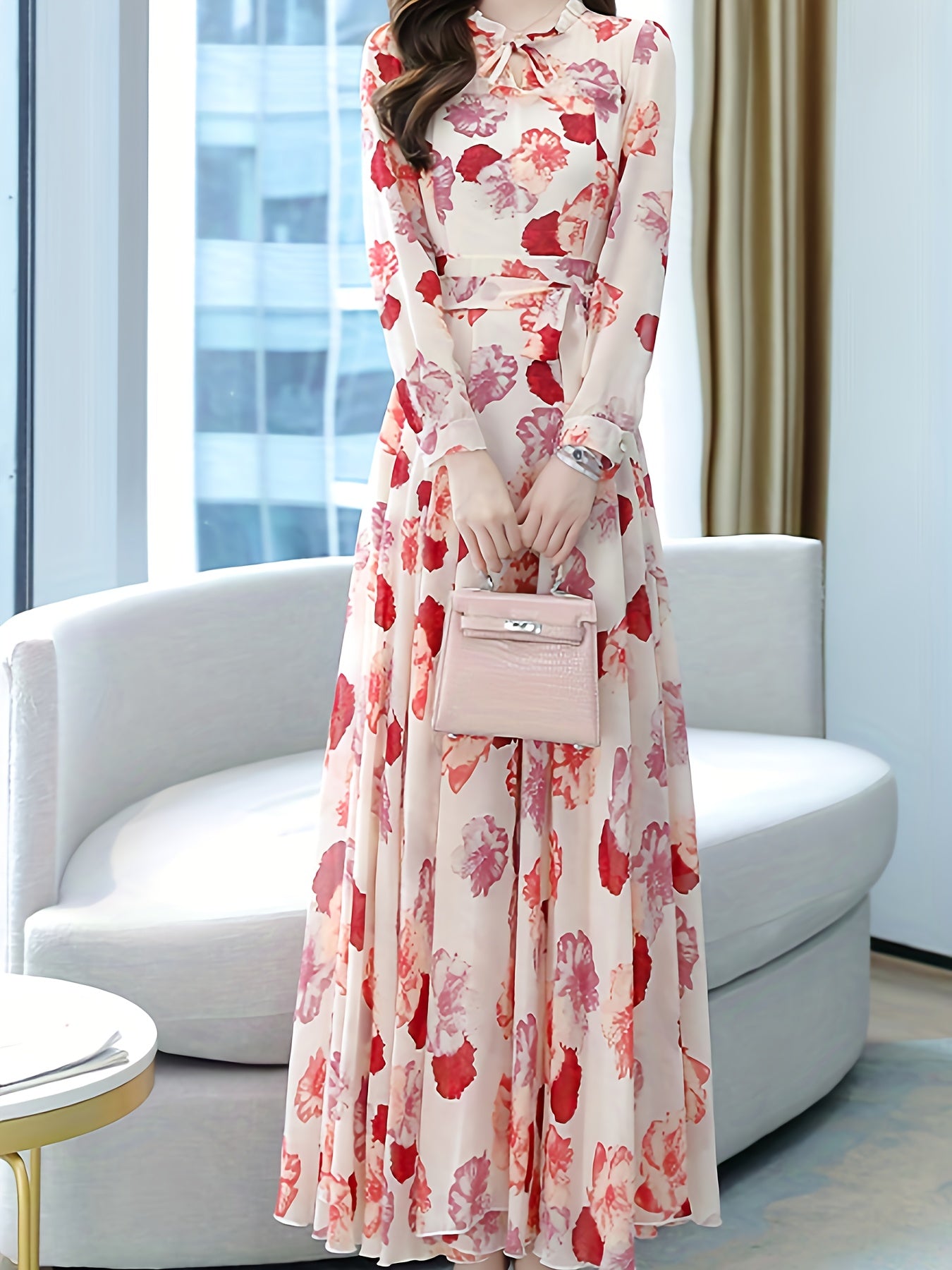 A Romantic Feast Of Spring Flowers! Retro Bohemian - Inspired Elegant Floral - Patterned Long - Sleeved Belted Printed Vacation - Style Dress