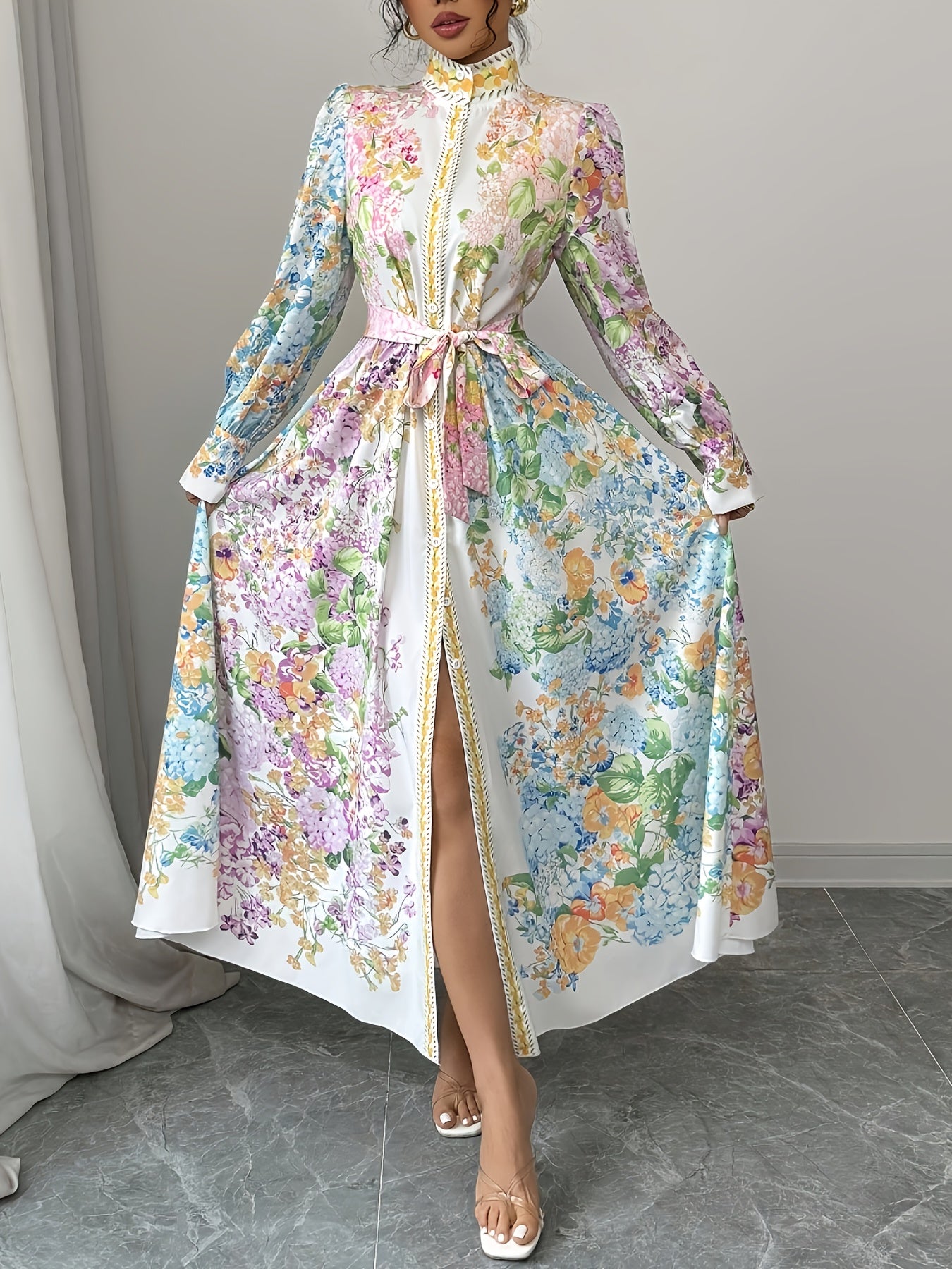 Women's French Elegant Floral Print Puff Sleeve Dress - Stand-Up Collar Button Front with Adjustable Waist Belt, Fitted Silhouette for Spring/Autumn Vacation & Casual Outings, Spring Fashion, Quality Craftsmanship, Autumn Outfit, Highquality Fabric, Adult