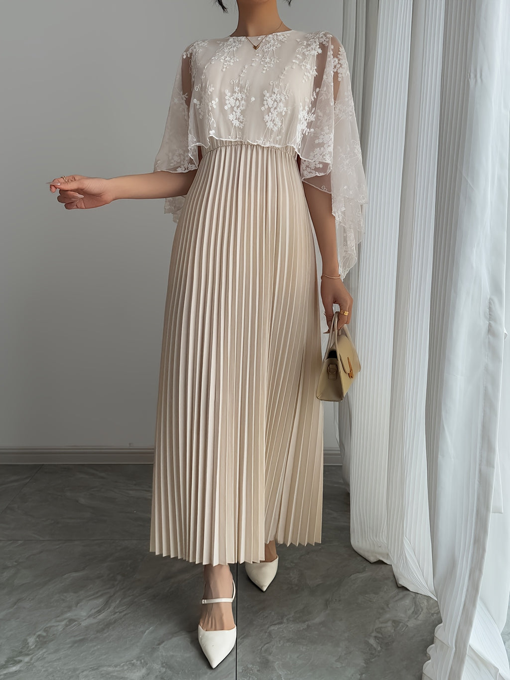 Women's Elegant Romantic Pleated Dress - Country Chic, Sweet A-Line Skirt with Zipper, Versatile Classic Style for Casual Attire, Date Night Outfit, Tailored Fit, Nonstretch Fabric, Adult Clothing