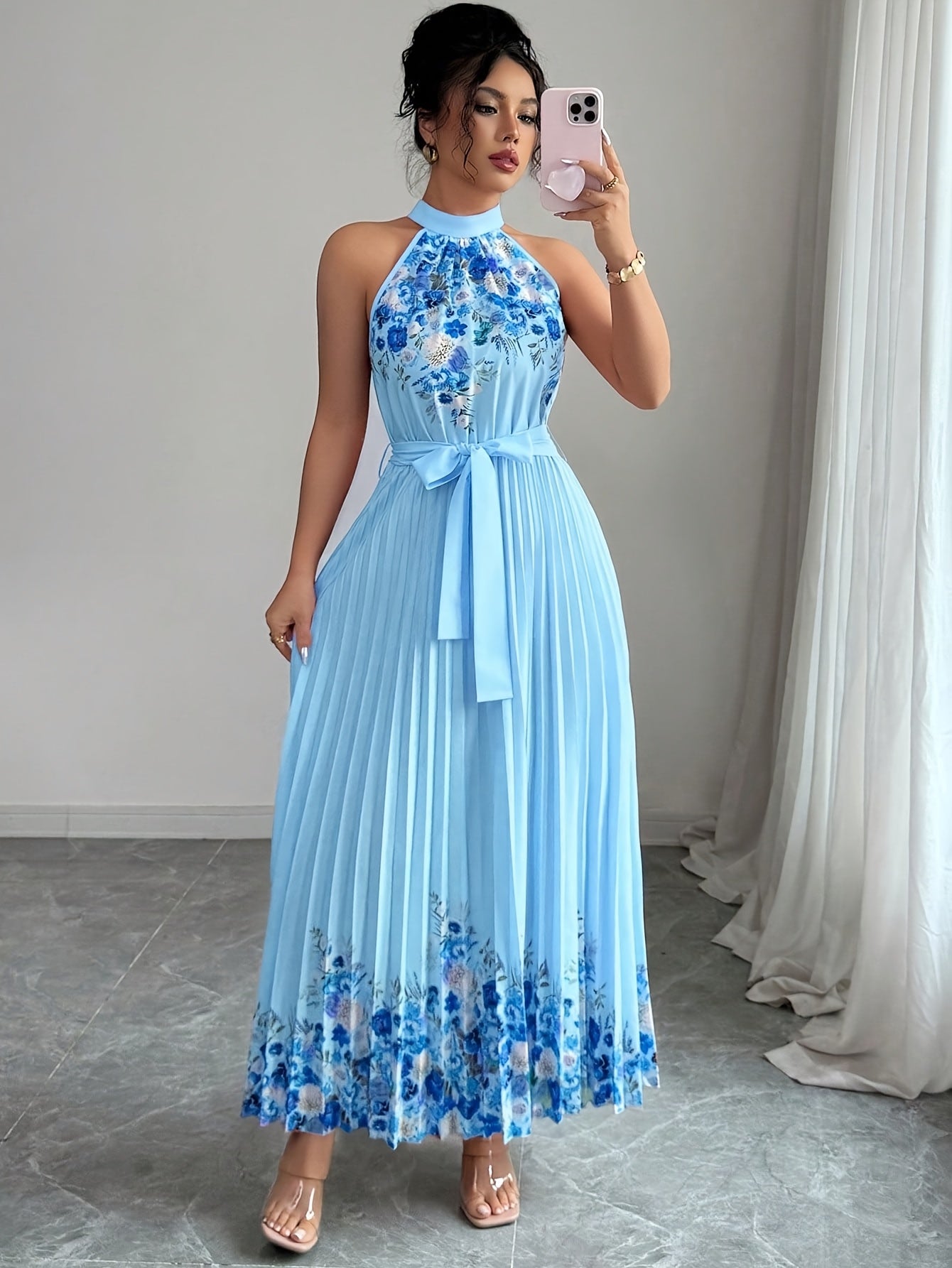 [Elegant Floral Print Dress] Women's Elegant Floral Print Sleeveless A-Line Dress - Vibrant Pink Round Neck Machine-Washable Spring/Summer Casual & Formal Wear, Floral Print Dress, No Stretch Fabric